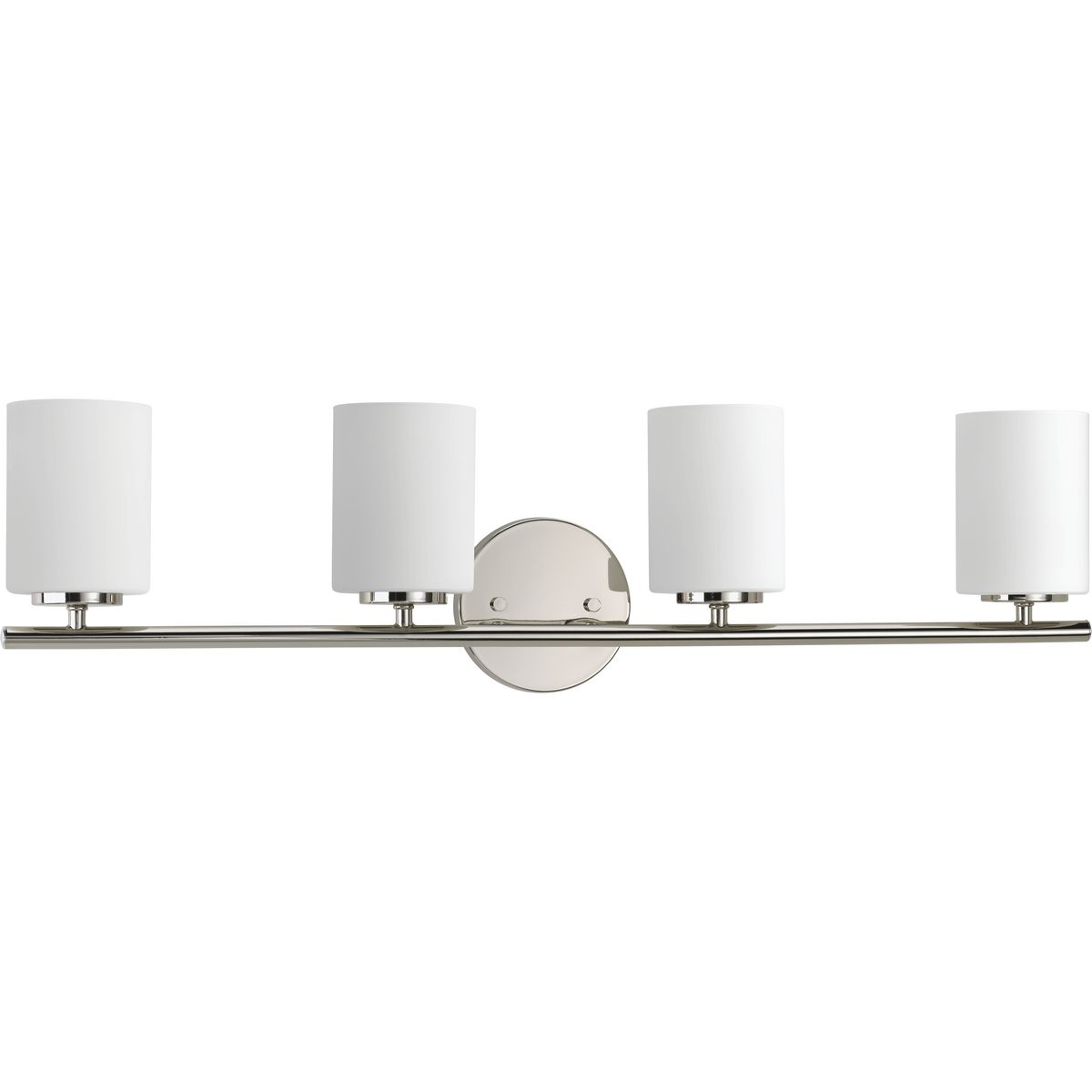 Four-light bath & vanity from the Replay Collection, smooth forms, linear details and a pleasingly elegant frame enhance a simplified modern look. Fixture can be mounted up or down. Polished Nickel finish.