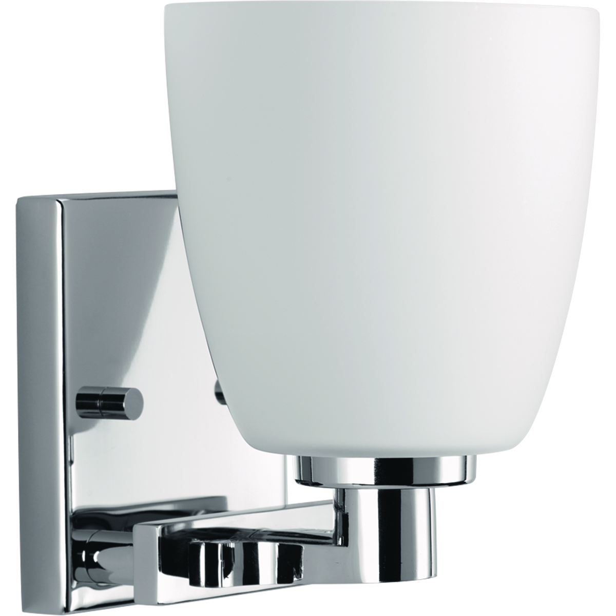 The one-light bath fixture emulates European faucet designs. Fleet is compromised of a distinct die cast arm and cup and highlighted by etched opal glass. Complimented by a Brushed Nickel finish.