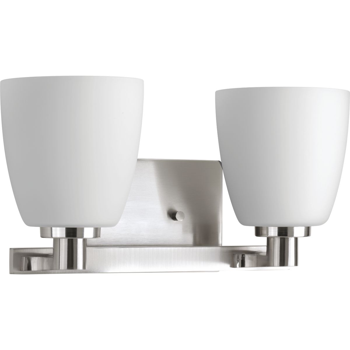 P2166-09 785247193660 The two-light bath fixture emulates European faucet designs. Fleet is compromised of a distinct die cast arm and cup and highlighted by etched opal glass. Complimented by a Polished Chrome finish.
