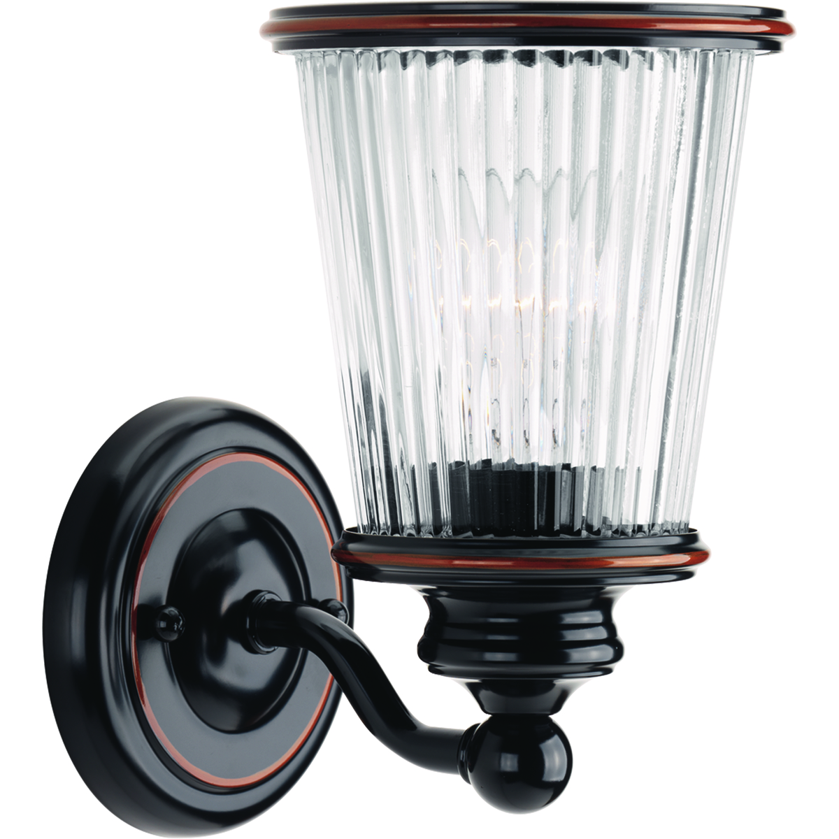 One-light bath & vanity features vintage-inspired clear ribbed class finished with a metal trim ring offers a romantic effect for the bath and vanity area. Mounts in up or down position.