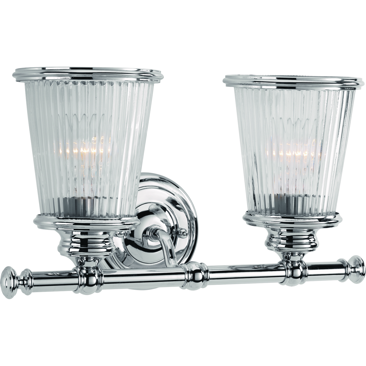 Two-light bath & vanity features vintage-inspired clear ribbed class finished with a metal trim ring offers a romantic effect for the bath and vanity area. Matches popular faucet collection. Mounts in up or down position. Polished Chrome finish.