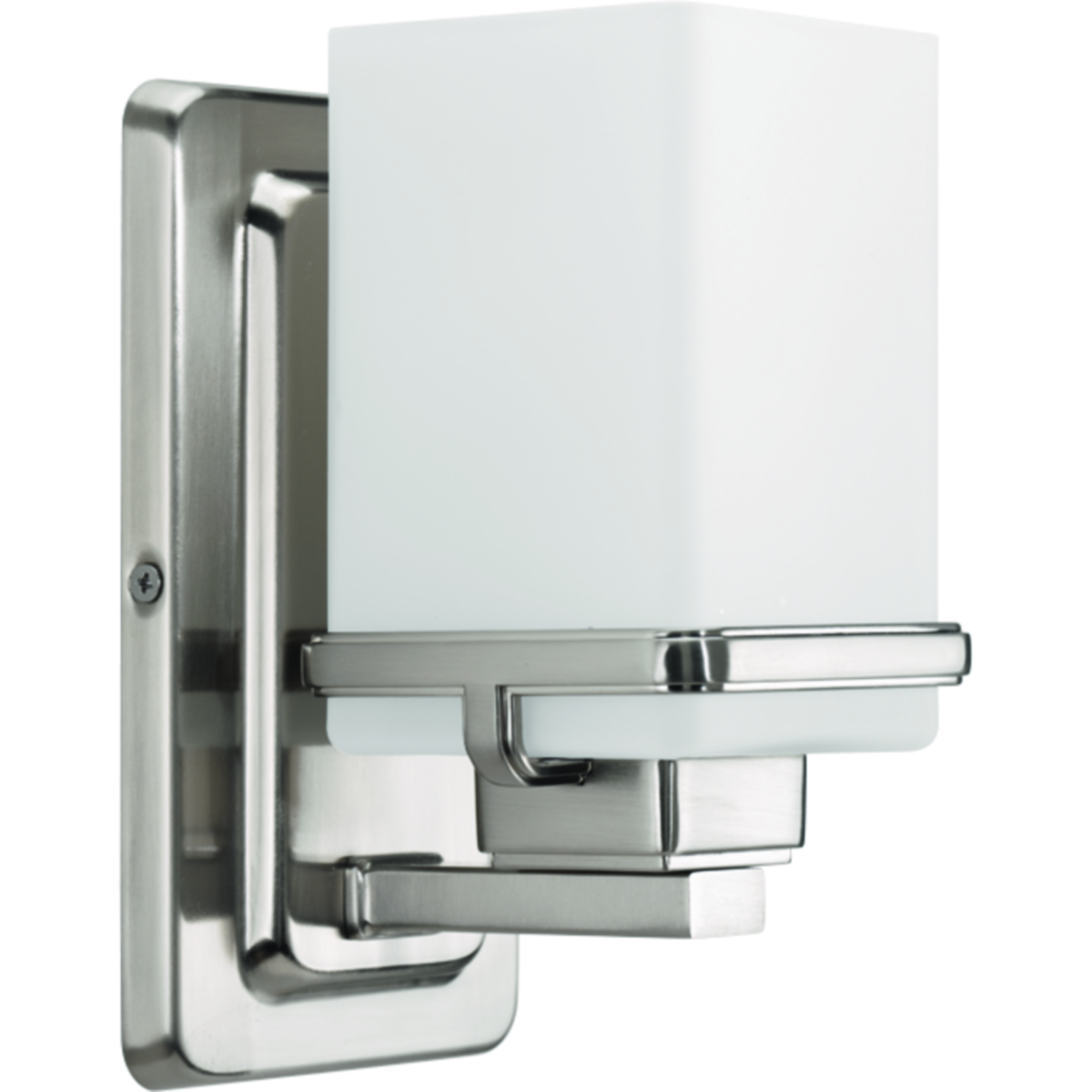 Enjoy a cool and sleek modern design with the one-light bath & vanity in the Metric Collection. A simple, etched opal glass shade nestles inside a die-cast frame - that is finished in Brushed Nickel - providing light above and below the fixture.