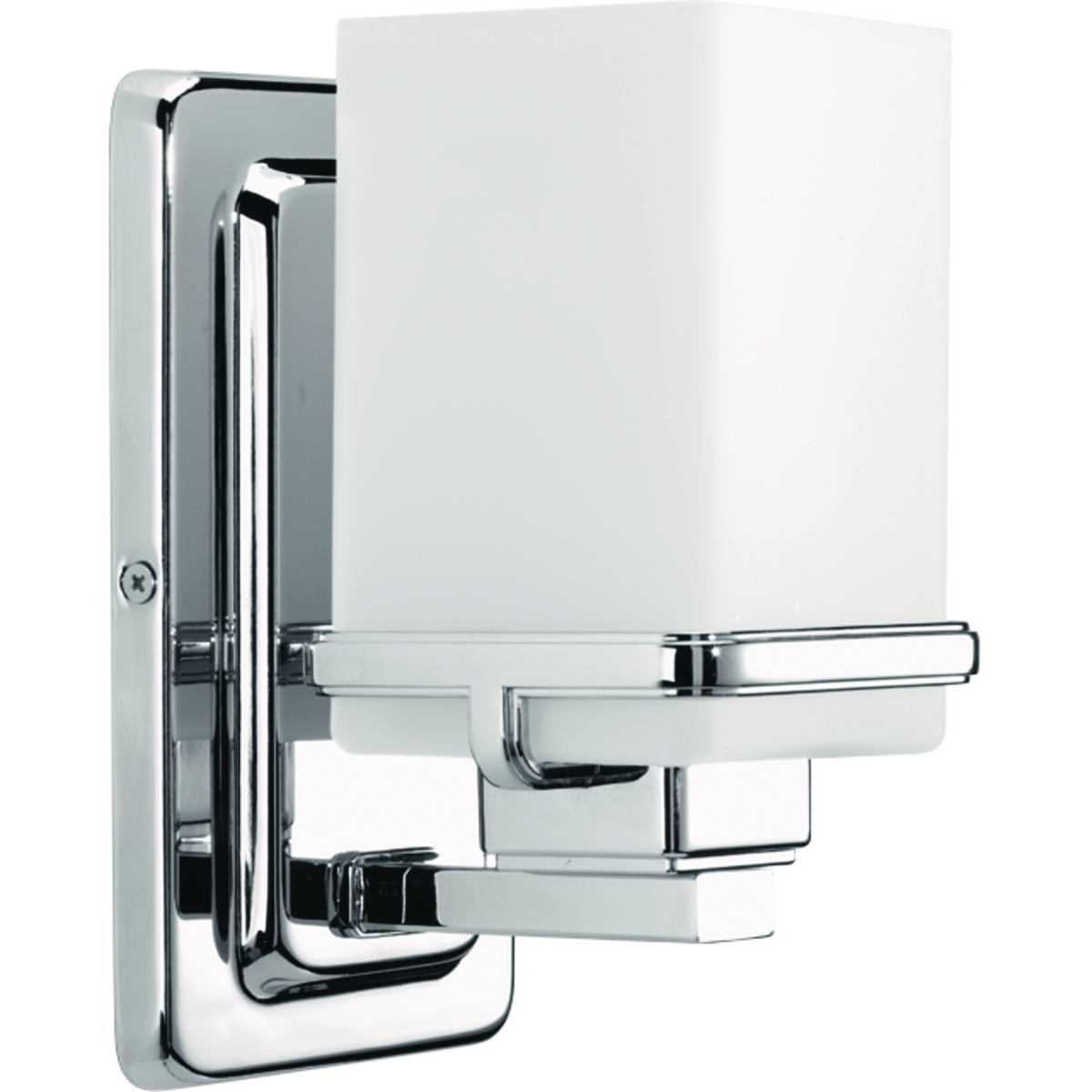 Enjoy a cool and sleek modern design with the one-light bath & vanity in the Metric Collection. A simple, etched opal glass shade nestles inside a die-cast frame - that is finished in Polished Chrome - providing light above and below the fixture.