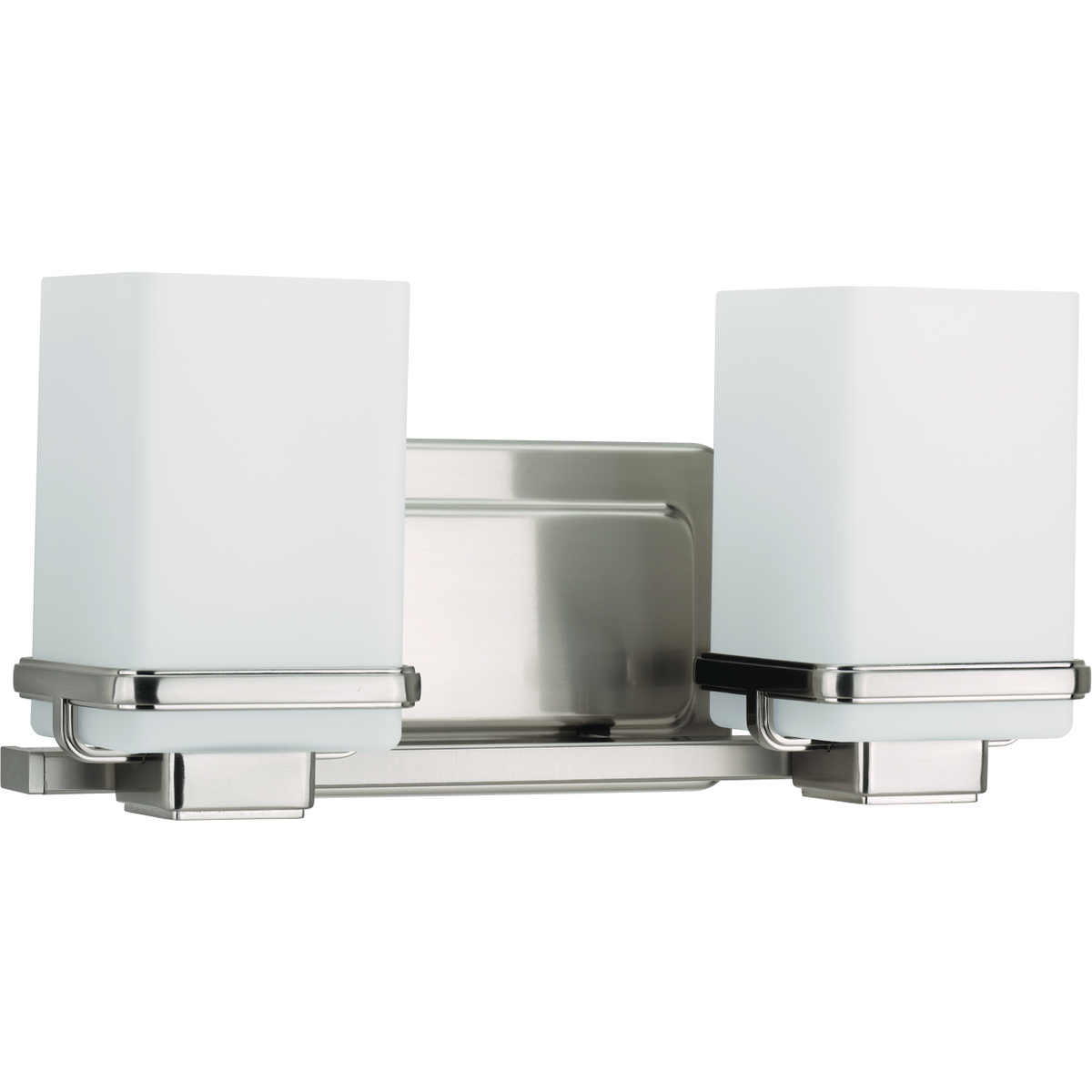 Enjoy a cool and sleek modern design with the two-light bath & vanity in the Metric Collection. A simple, etched opal glass shade nestles inside a die-cast frame - that is finished in Brushed Nickel - providing light above and below the fixture.