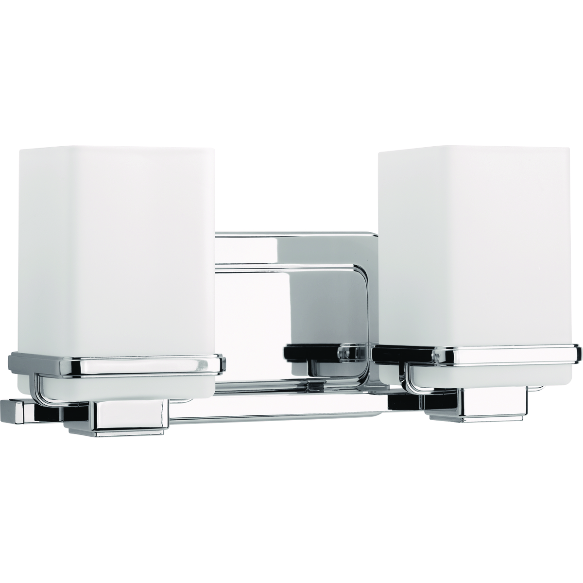 Enjoy a cool and sleek modern design with the two-light bath & vanity in the Metric Collection. A simple, etched opal glass shade nestles inside a die-cast frame - that is finished in Polished Chrome - providing light above and below the fixture.