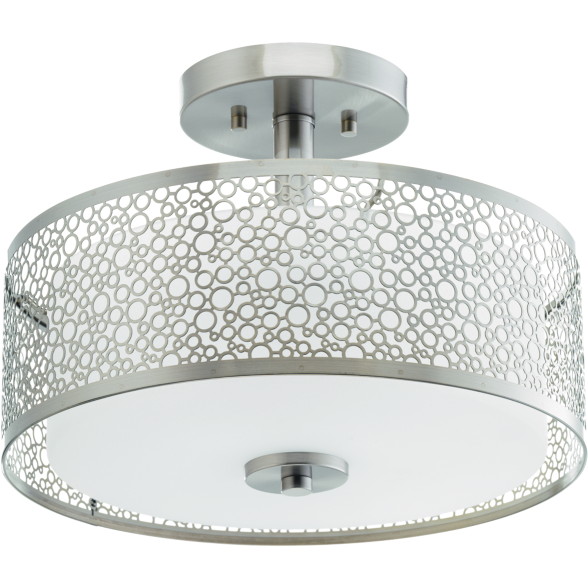 One-light semi-flush LED fixture features a concentric circular pattern in a Brushed Nickel metal shade that surrounds etched parchment glass. 3000K, 90+ CRI 1,211 Lumens 71.2 lumens/watt per module (source).
