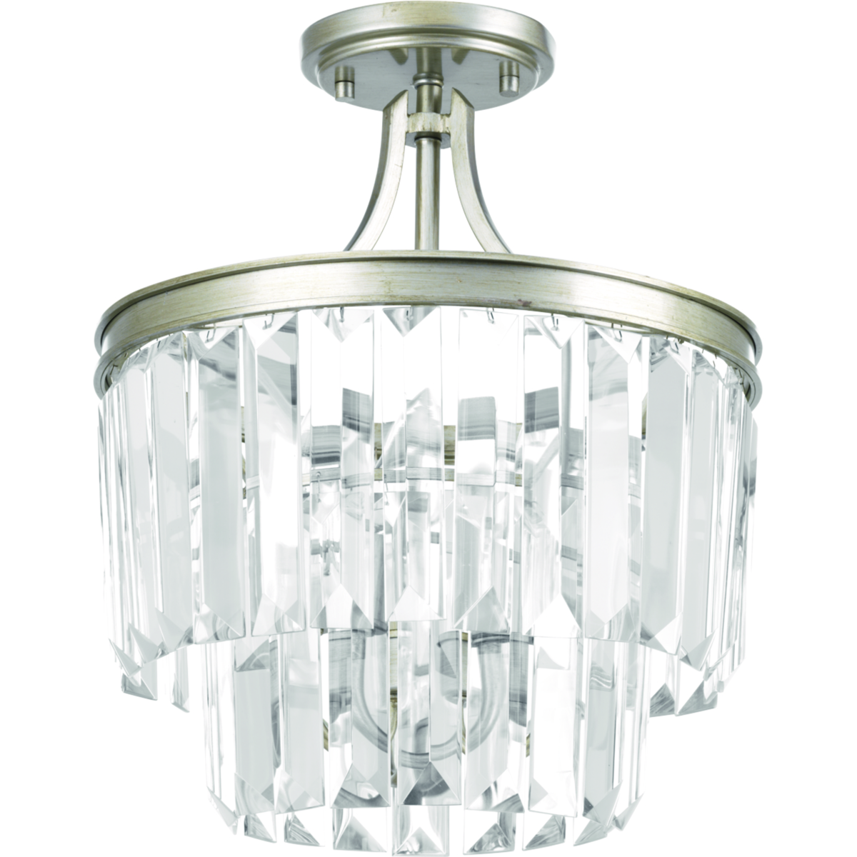 Glimmer fits the definition of livable luxury with elements that sparkle to create an instant statement within the home. Prismatic glass three-light pendants are supported by an architecturally- styled frame in Silver Ridge finish. The cascade of faceted linear glass deliver a sleek silhouette to any room. This versatile 15-1/2 in round fixture can also be mounted as a semi-flush.