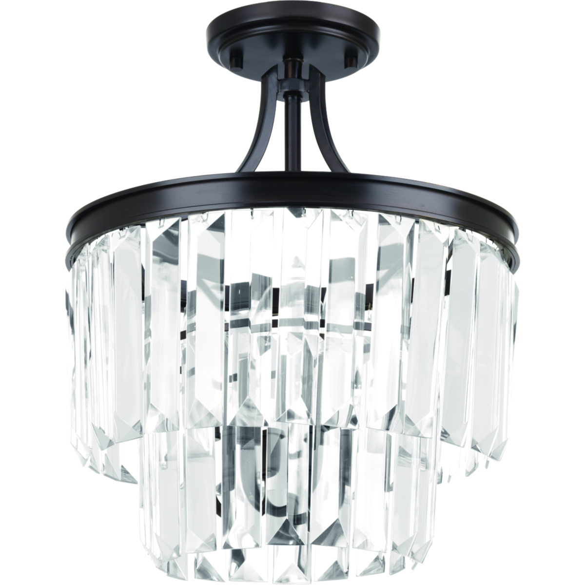 Glimmer fits the definition of livable luxury with elements that sparkle to create an instant statement within the home. Prismatic glass three-light pendants are supported by an architecturally- styled frame in Antique Bronze finish. The cascade of faceted linear glass deliver a sleek silhouette to any room. This versatile 15-1/2 in round fixture can also be mounted as a semi-flush.