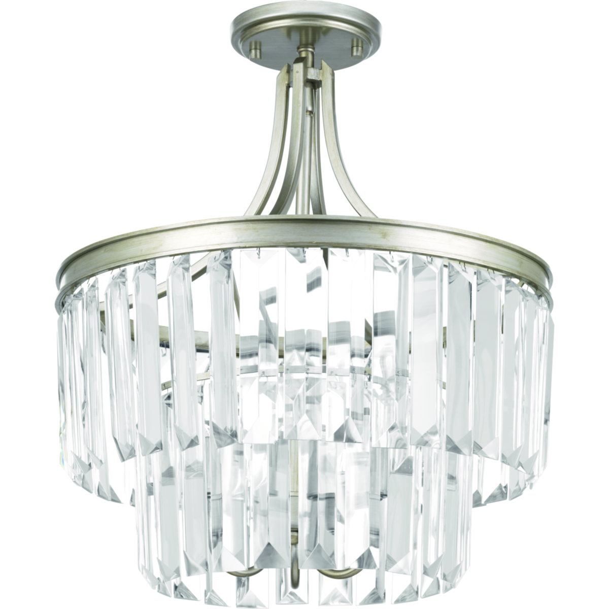 Glimmer fits the definition of livable luxury with elements that sparkle to create an instant statement within the home. Prismatic glass three-light pendants are supported by an architecturally- styled frame in Silver Ridge finish. The cascade of faceted linear glass deliver a sleek silhouette to any room. This versatile 19 in round fixture can also be mounted as a semi-flush.