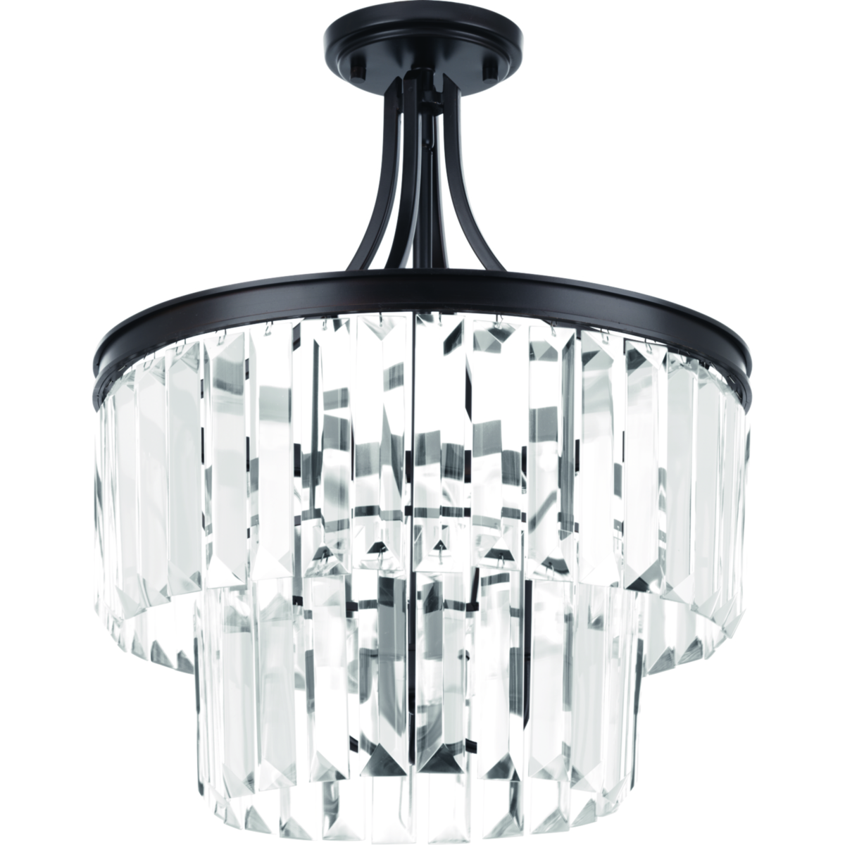 Glimmer fits the definition of livable luxury with elements that sparkle to create an instant statement within the home. Prismatic glass three-light pendants are supported by an architecturally- styled frame in Silver Ridge finish. The cascade of faceted linear glass deliver a sleek silhouette to any room. This versatile 19 in round fixture in Antique Bronze can also be mounted as a semi-flush.