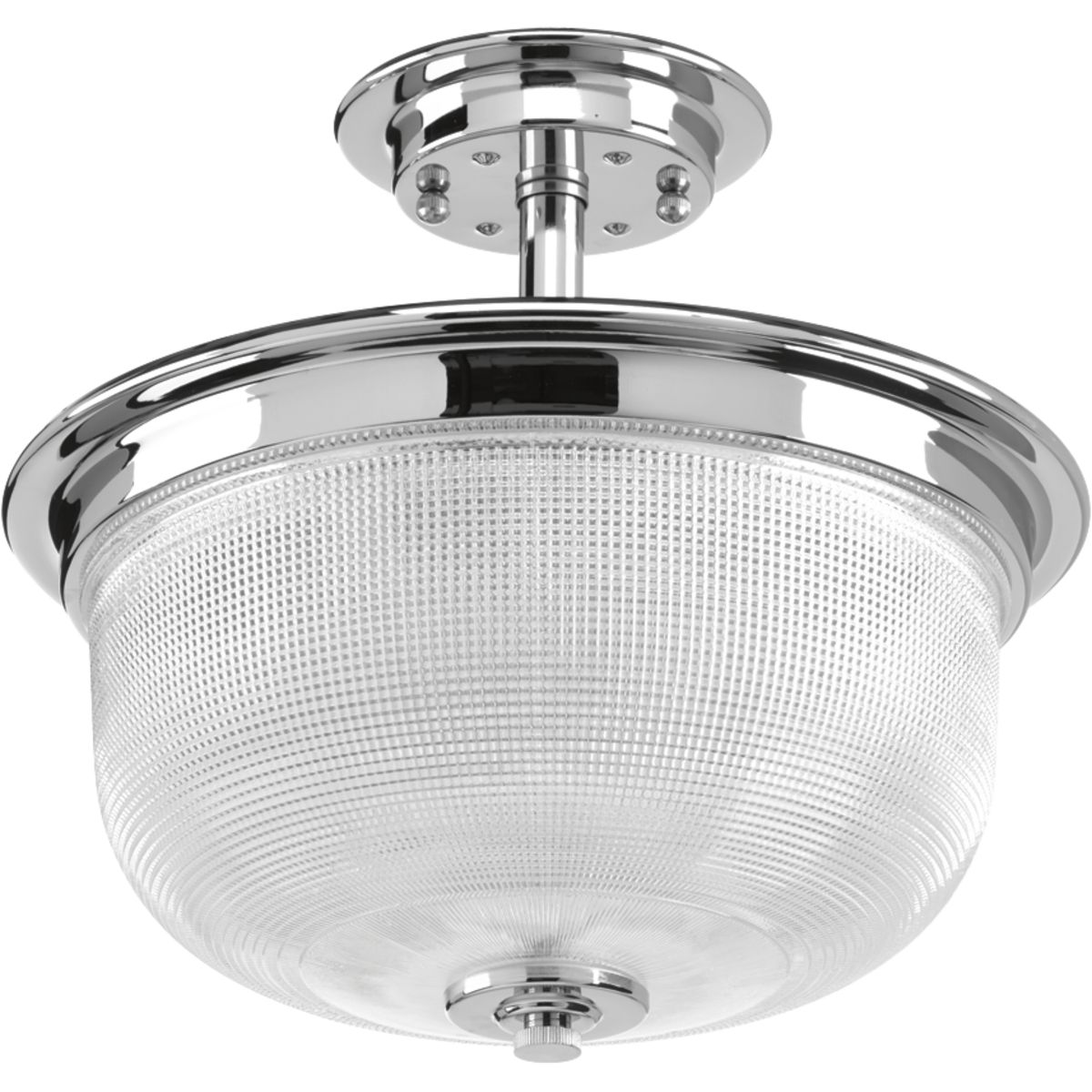 The Archie Collection brings a vintage, industrial flair to interior settings. The collection�s distinctive double prismatic glass adds visual interest as its crisscross pattern comes to life when illuminated. This two-light semi flush can be mounted to ceiling or chain mounted for a variety of locations. Polished Chrome finish.