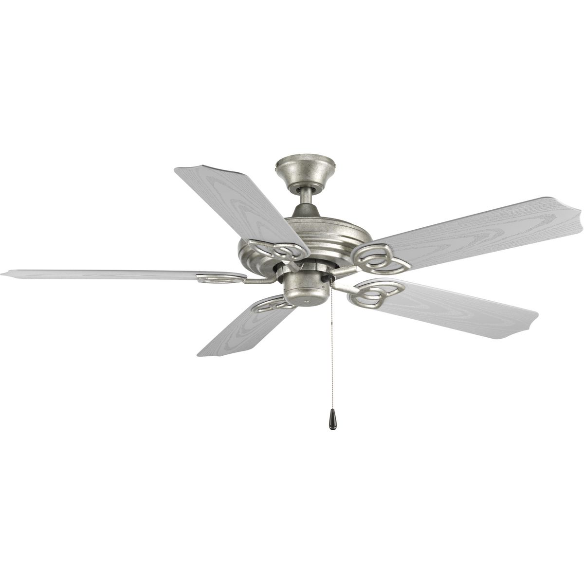 This five-blade 52 inch fan comes with a tri-mount system and a three-speed pull chain switch with 72 inch lead wires. SureConnect� blade attachment and Quick Install Canopy systems included. Finished in galvanized Zinc, the silver blades contain an all weather rating system (ABS). This fan is wet location listed and compatible with universal light kits.