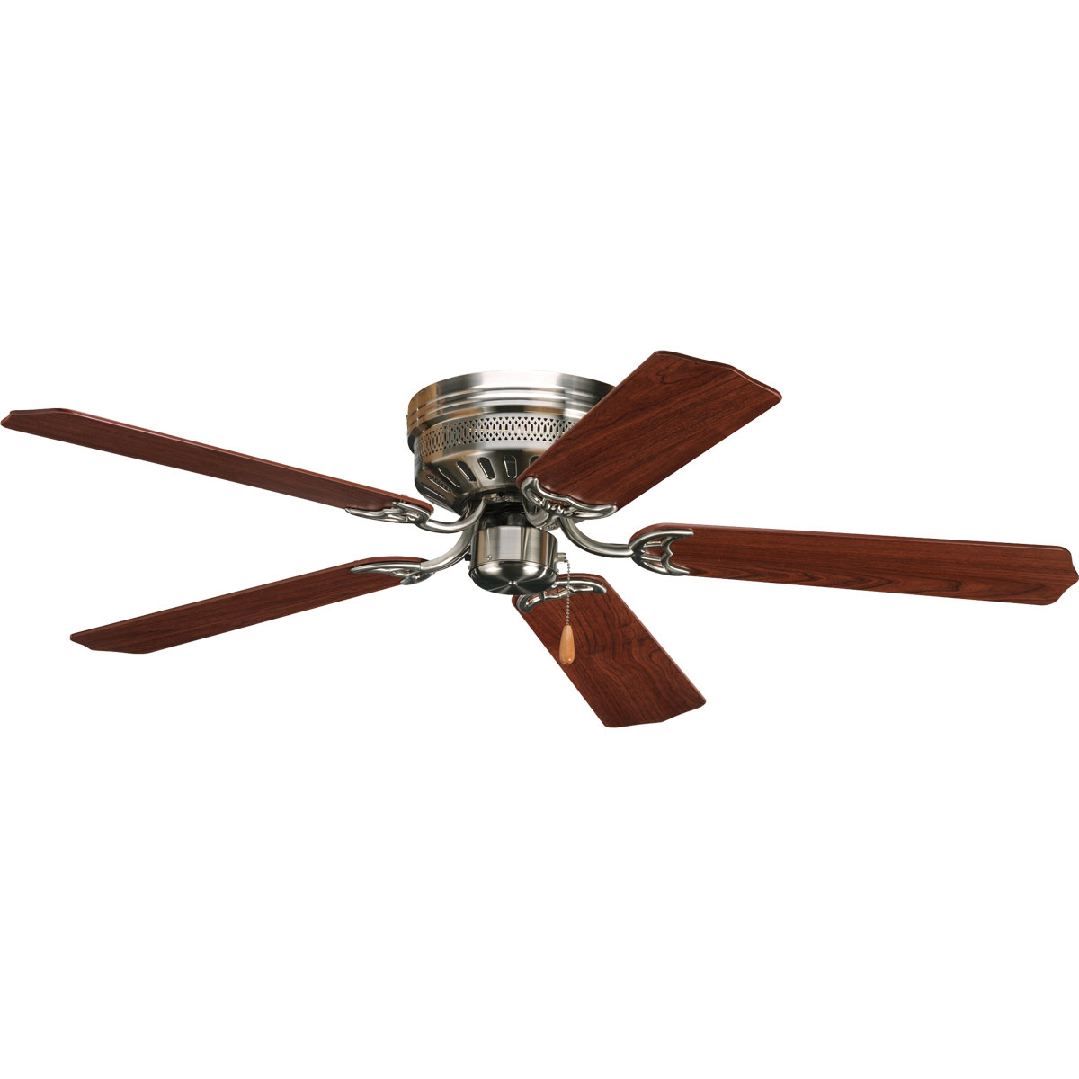 52 in indoor hugger fan with 5 reversible Cherry/Natural Cherry blades, Brushed Nickel finish, and 11 degree pitch. Hugger style housing permits fan installation on lower ceilings. Powerful AirPro motor features 3-speed control that can also be reversed to provide year-round comfort. Includes a 15-year warranty and is compatible with universal light kits. Select from one of our stylish lighting options to fully coordinate your decor. Can be used to comply with California Title 20.