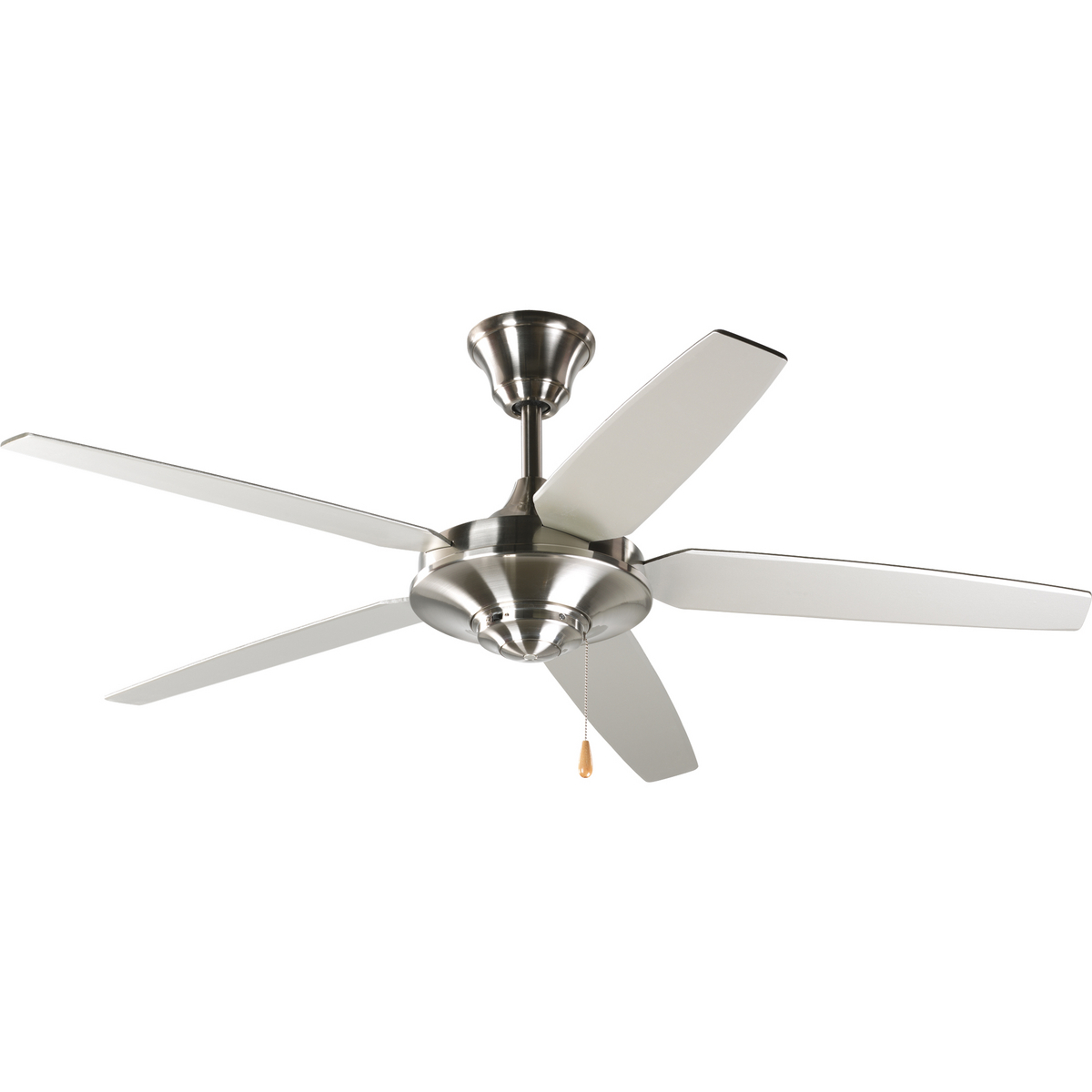 54 in five-blade fan with reversible Silver/Natural Cherry blades and a Brushed Nickel finish. The AirPro Signature ceiling fan offers great performance and value. This contemporary styled fan features a powerful, 3-speed motor that can be reversed to provide year-round comfort. Includes innovative canopy system that can be installed on vaulted ceilings up to 12:12 pitch. A 1 in x 6 in downrod is included, however, longer downrods can be ordered separately. Can be used to comply with California Title 20.