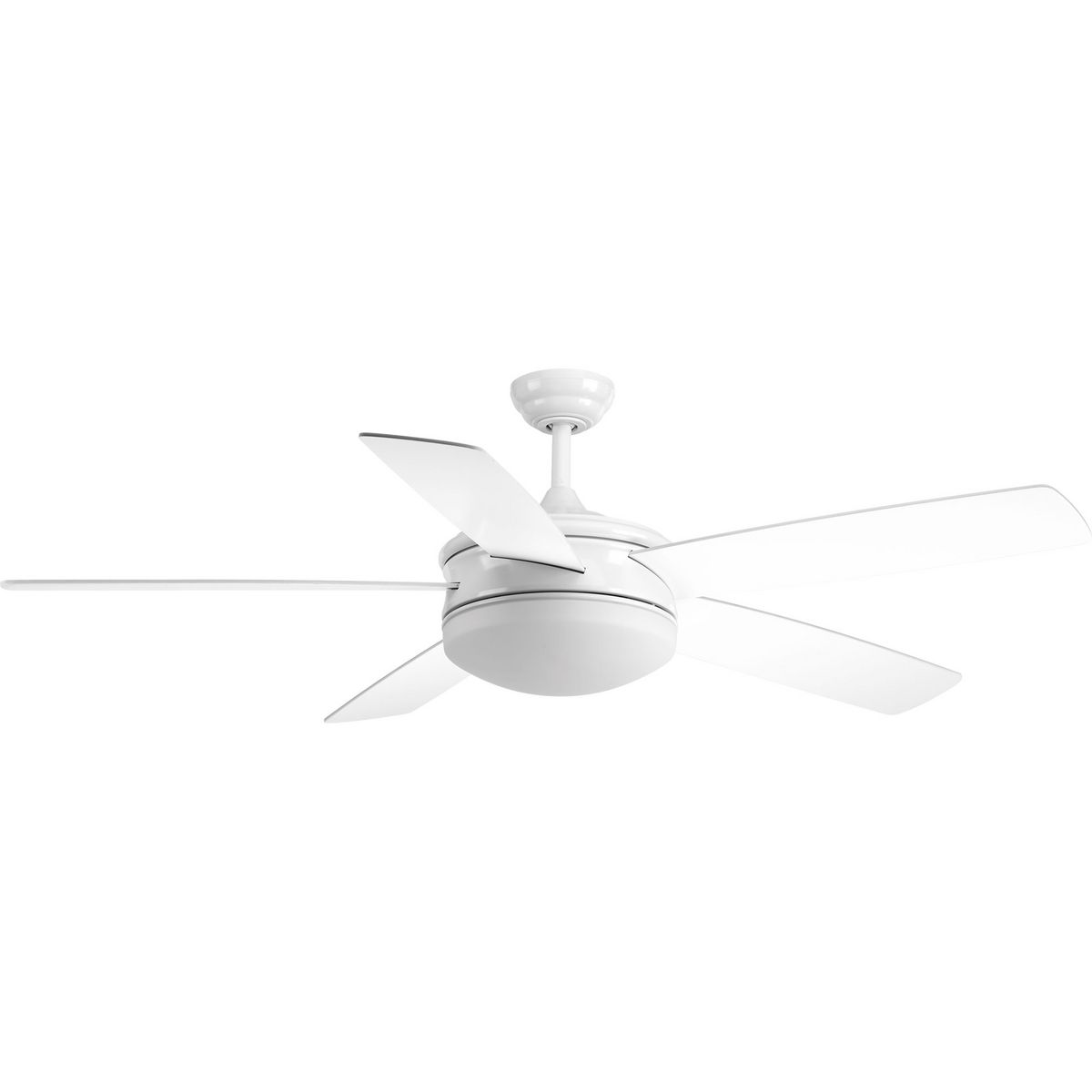Five-blade 60 inch Fresno ceiling fan features white blades. The LED light source offers both form and function with energy- and cost-savings benefits. A white opal glass shade features an 18W dimmable, 3000K LED module. Full range dimming and remote control with batteries is included. Featuring reversible blades, the fan has a Brushed Nickel finish.