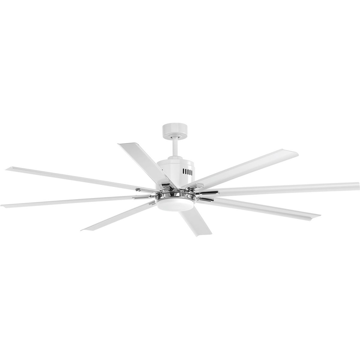 Beautiful and expansive in design, the 72 inch Vast ceiling fan is ideal for use in large areas and outdoor covered areas for maximum cooling. A white opal shade complements a White finish with Chrome Accents and white blades. Featuring an energy efficient DC motor with 18W light source, Vast is dimmable and offers a 3000K-color temperature. Damp location listed for covered outdoor areas, a full function remote control with batteries is included.