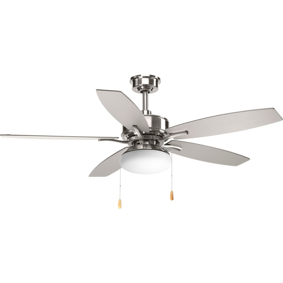 The 52 inch Billows ceiling fan features an LED light kit with white opal glass shade and five reversible blades in silver and white washed finishes. With a sophisticated and traditional design, the Billows offers both form and function with two energy efficient 9W MaxLite LED lamps, featuring a 3000K color temperature.