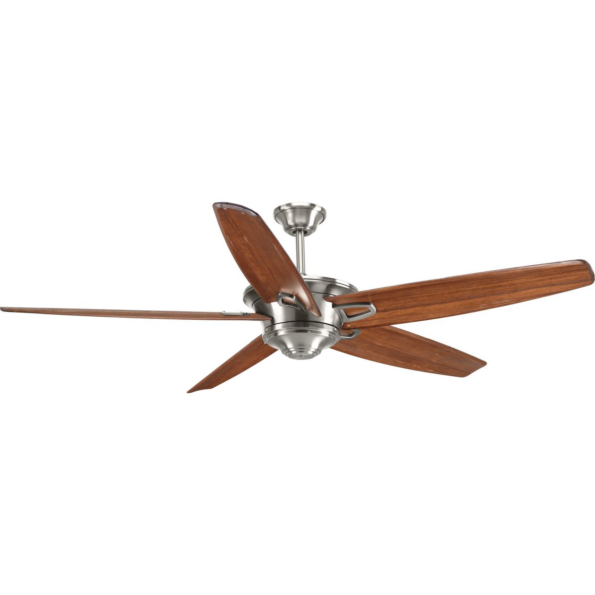 Beautiful and expansive in design, the 68 inch Caleb ceiling fan is ideal for use in large spaces. Bent Carved Wood medium cherry blades are paired with a Brushed Nickel finish. Caleb features a dual mount system and is compatible with universal light kits. A full function remote control with batteries is included.