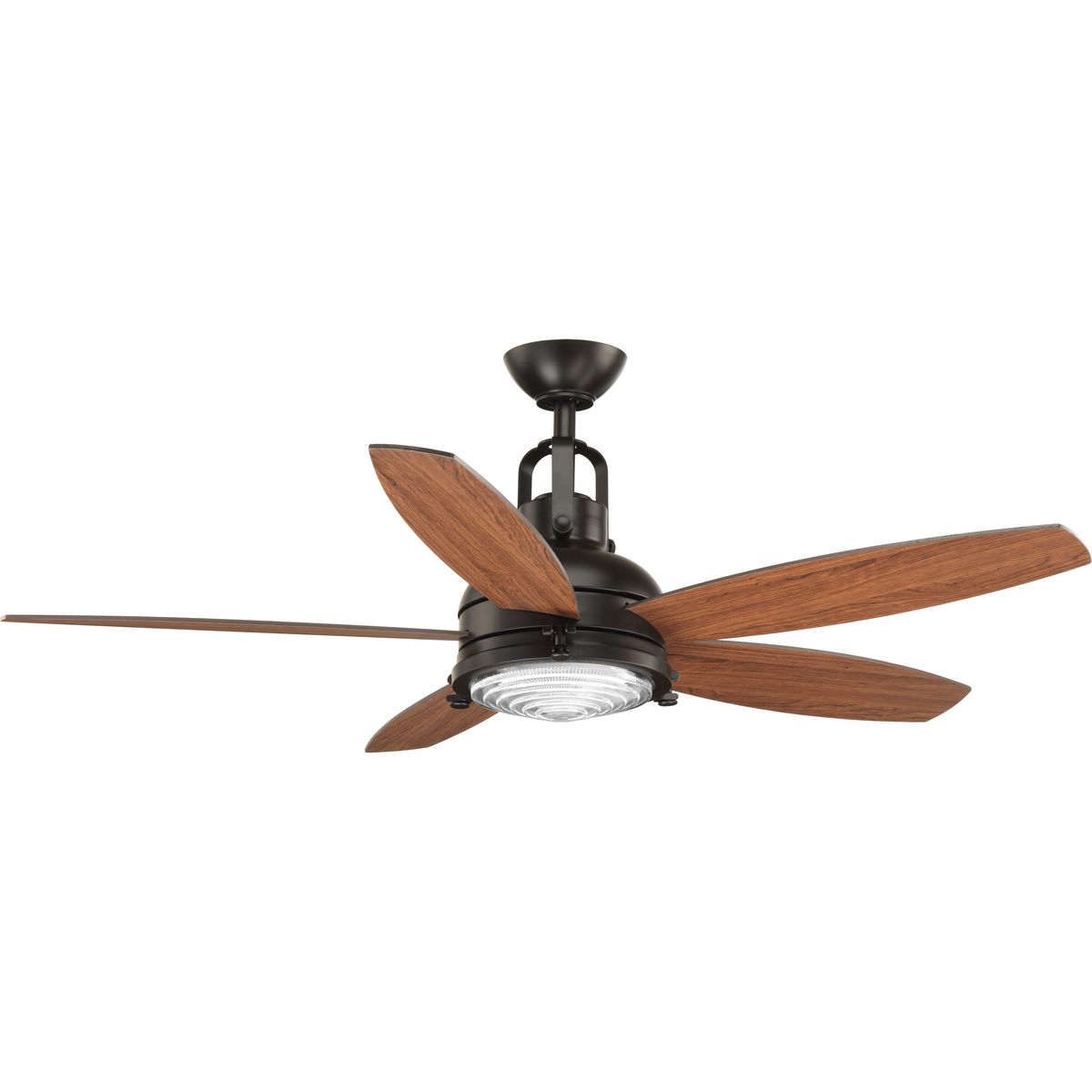This five-blade 52 inch Kudos ceiling fan features a clear Fresnel glass shade and reversible blades in walnut and cherry. Includes a remote control with batteries. The Kudos features a dual mount system to offer greater flexibility when installing. The 17W dimmable, 3000K LED module provides energy- and cost-savings benefits to the homeowner.