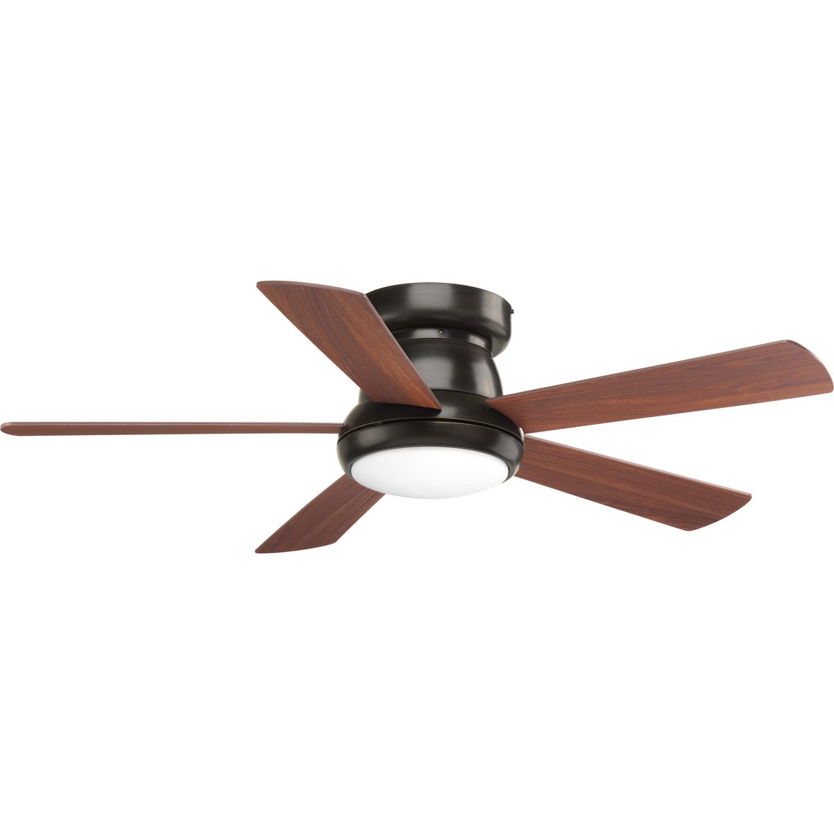 Five-blade 52 inch Vox Hugger ceiling fan features american walnut blades and an Antique Bronze finish. The LED light source offers both form and function with energy- and cost-savings benefits. A shatterproof, white opal shade contains a 17W dimmable, 3000K LED module. A remote control with batteries is included. The fan mounts close to the ceiling.