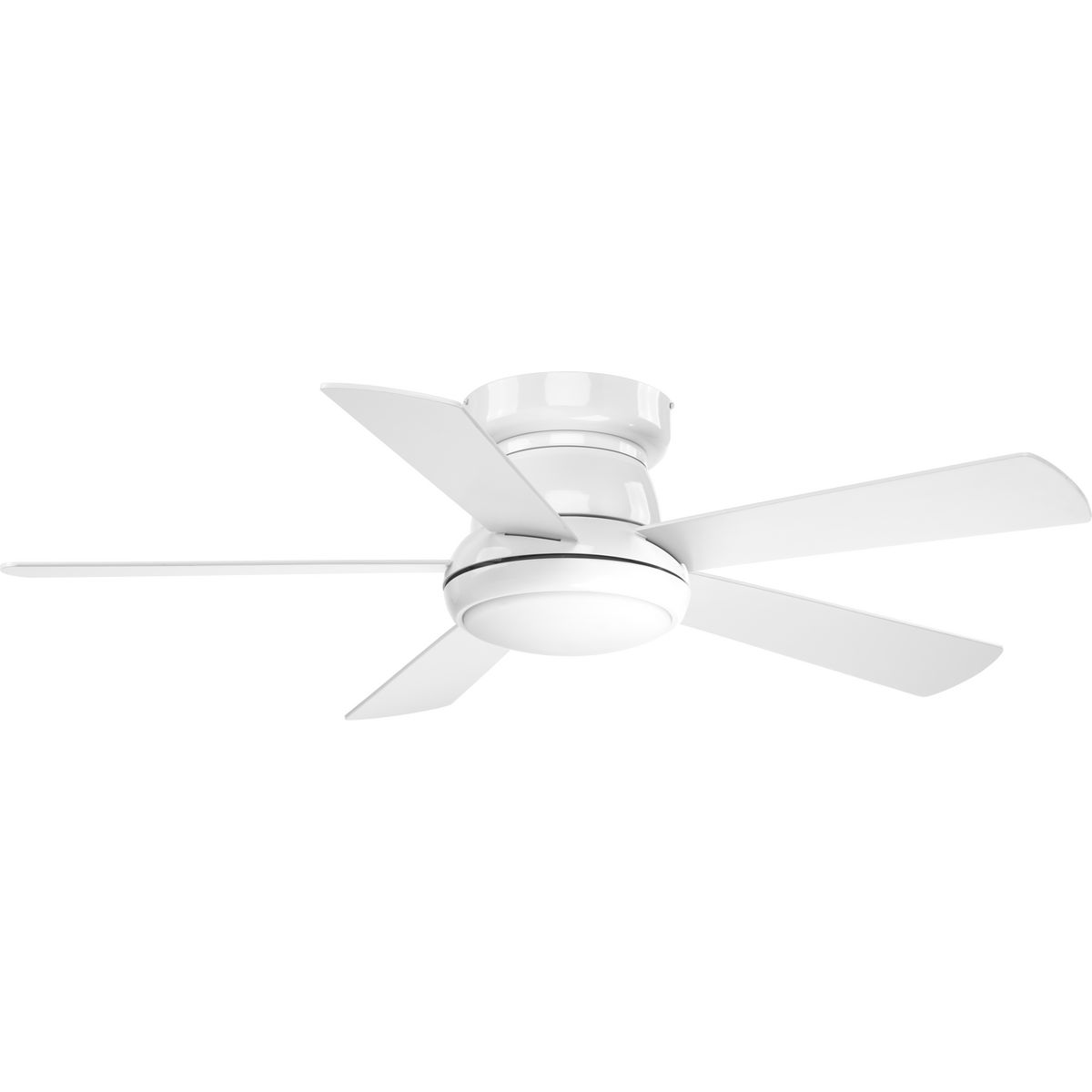 Five-blade 52 inch Vox Hugger ceiling fan features white blades and a White finish. The LED light source offers both form and function with energy- and cost-savings benefits. A shatterproof, white opal shade contains a 17W dimmable, 3000K LED module. A remote control with batteries is included. The fan mounts close to the ceiling.