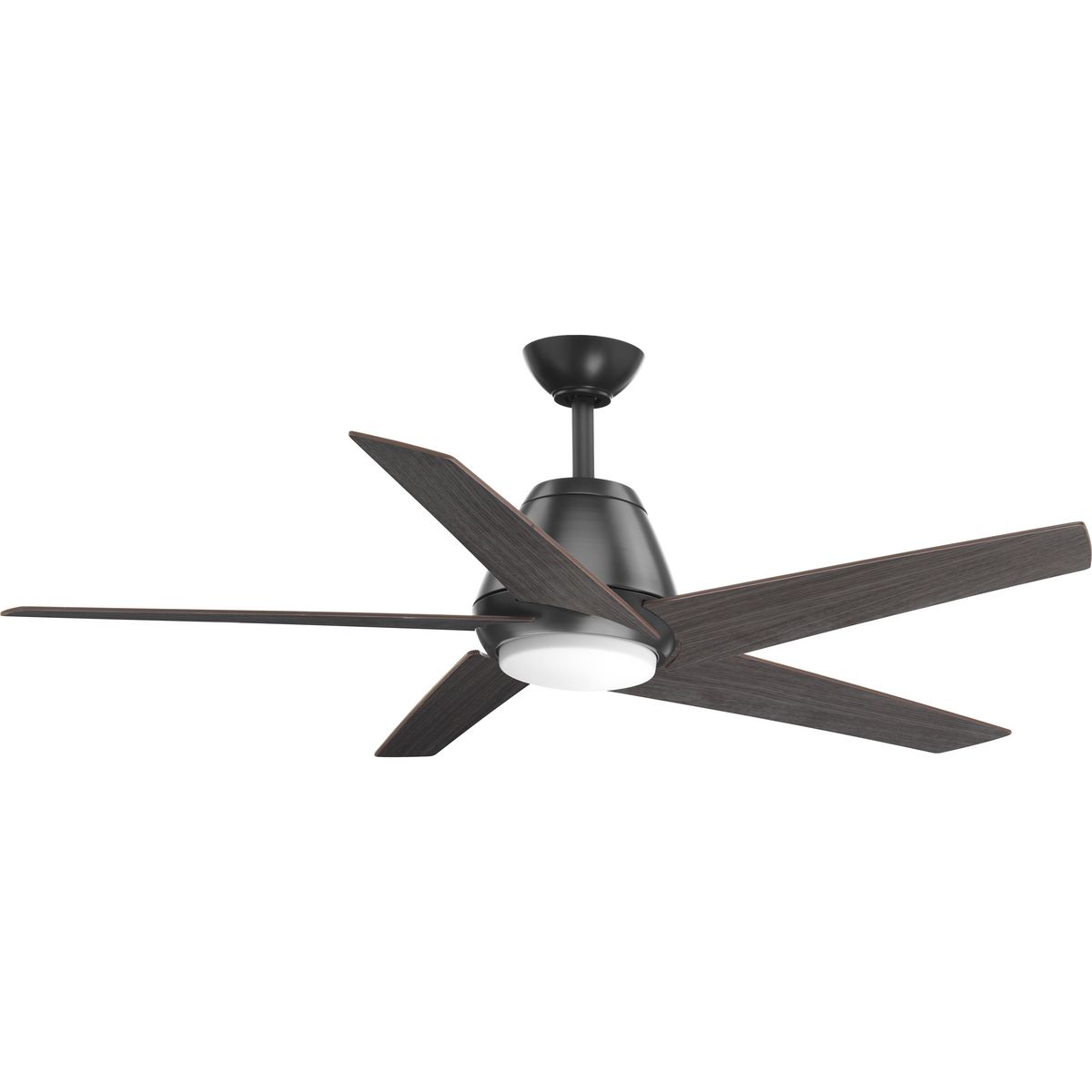 This five-blade 54 inch Gust ceiling fan features a white opal shade and graphite blades. A remote with batteries is included. Gust has a dual mount system to offer greater flexibility when installing. The 17W dimmable, 3000K LED module provides energy- and cost-savings benefits to the homeowner.