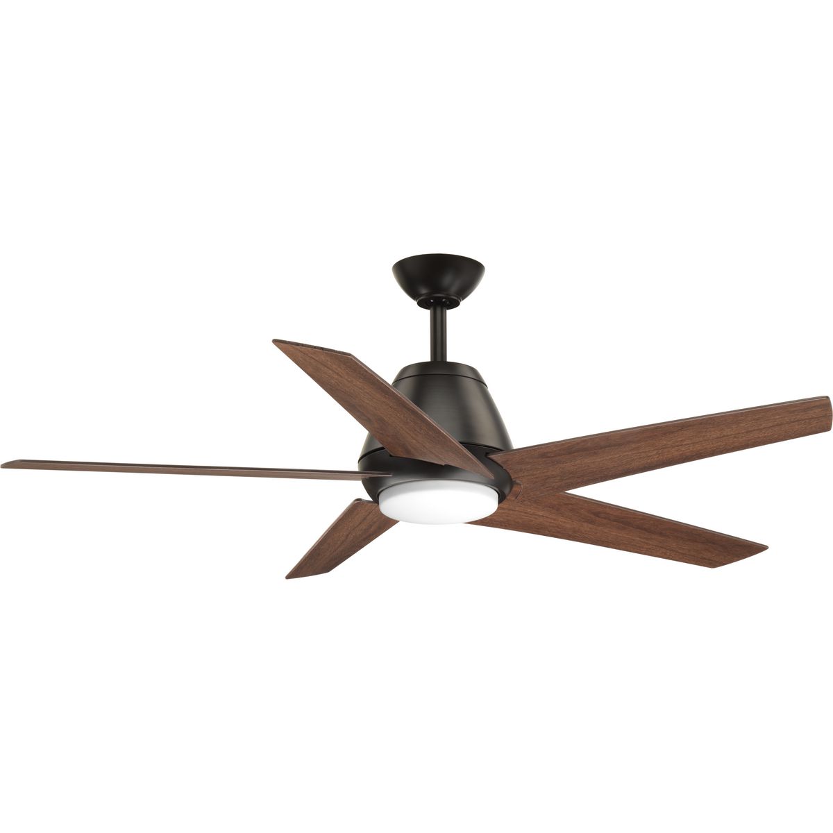 This five-blade 54 inch Gust ceiling fan features a white opal shade and walnut blades. A remote with batteries is included. Gust has a dual mount system to offer greater flexibility when installing. The 17W dimmable, 3000K LED module provides energy- and cost-savings benefits to the homeowner.