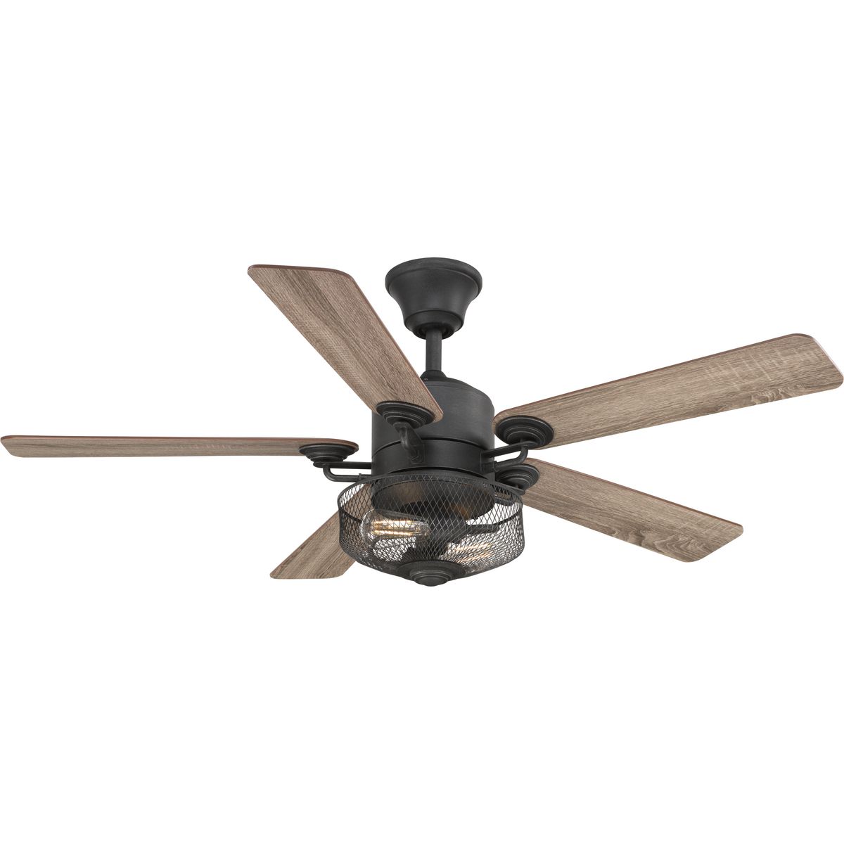 This five-blade 54 inch Greer ceiling fan complements either industrial or farmhouse d�cor. It comes with a wire meshed shade light kit that uses two vintage LED lamps (Included) and remote control with batteries are also included. Hang it on a flat or slopped ceiling with its dual mount system. It comes with reversible blades in driftwood and walnut.