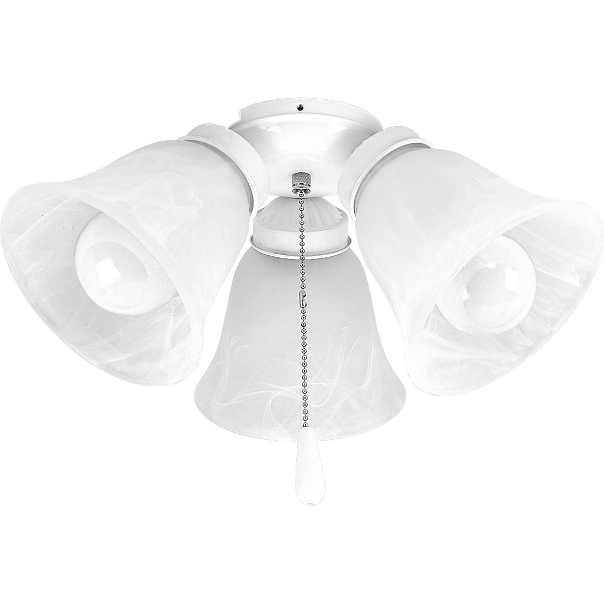 Three-light kit with white washed alabaster style glass shades beautiful in design. White finish corresponds with a chrome pull-chain and white fob. Innovative spring clip glass attachment system eliminates unsightly excess hardware. Good for use with P2500 and P2501 ceiling fans and includes quick connector for easy wiring. Includes three 3000K, 800 lumen, Title 24 certified LED bulbs.