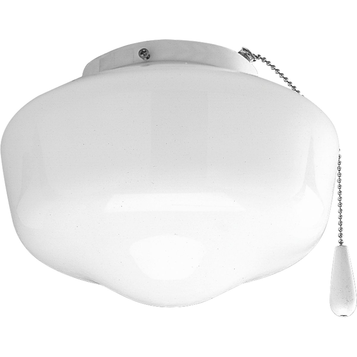 One-light Schoolhouse style ceiling fan light kit with white opal glass in a White finish. Listed for wet locations makes this ideal for any indoor/outdoor locations. Universal mount allows for installation with Progress and other fans (threaded adapter included). Quick connector for easy wiring is included. Includes one 3000K, 800 lumen each (source), Title 24 certified LED bulb.
