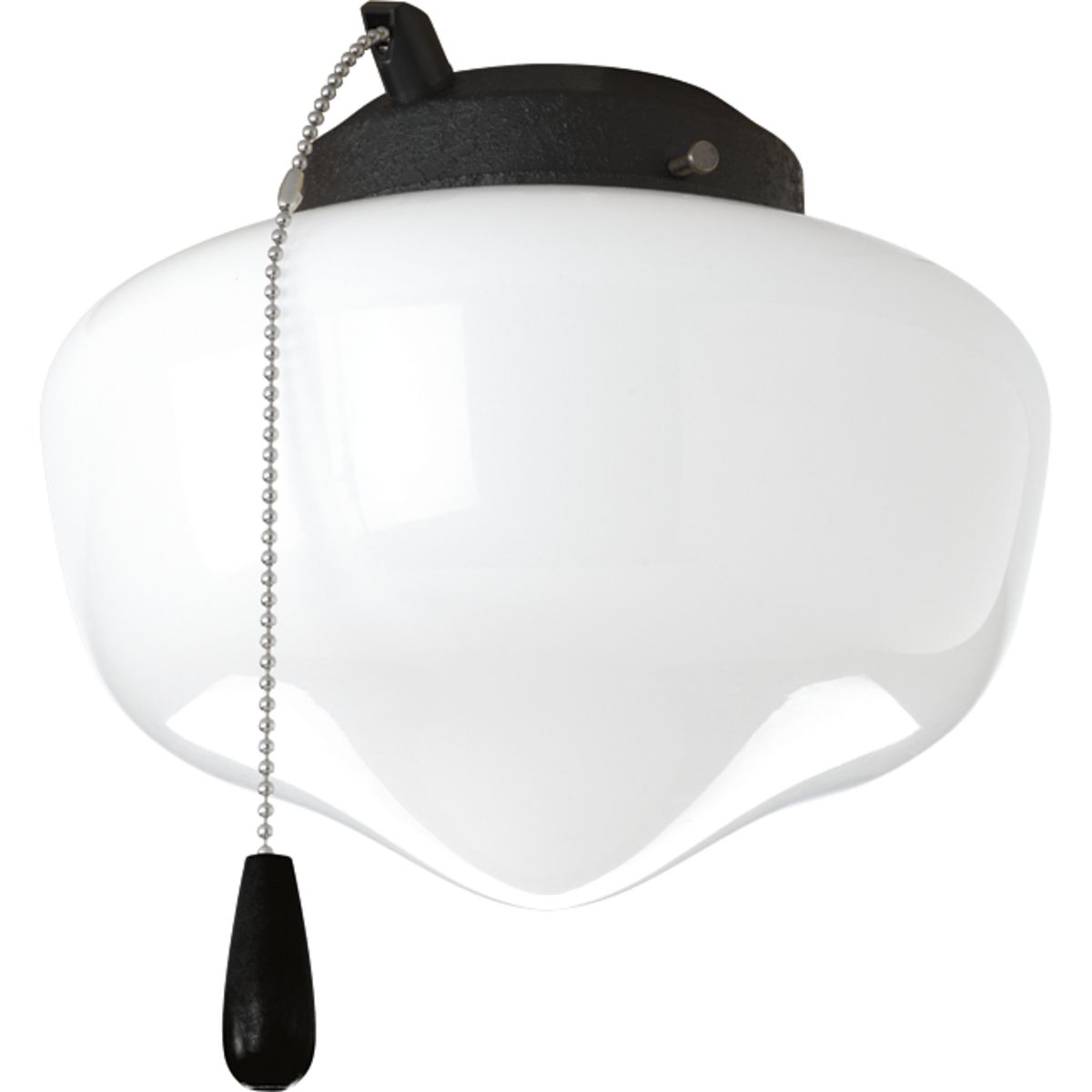 One-light Schoolhouse style ceiling fan light kit with white opal glass in a Forged Black finish. Listed for wet locations makes this ideal for any indoor/outdoor locations. Universal mount allows for installation with Progress and other fans (threaded adapter included). Quick connector for easy wiring is included. Includes one 3000K, 800 lumen each (source), Title 24 certified LED bulb.