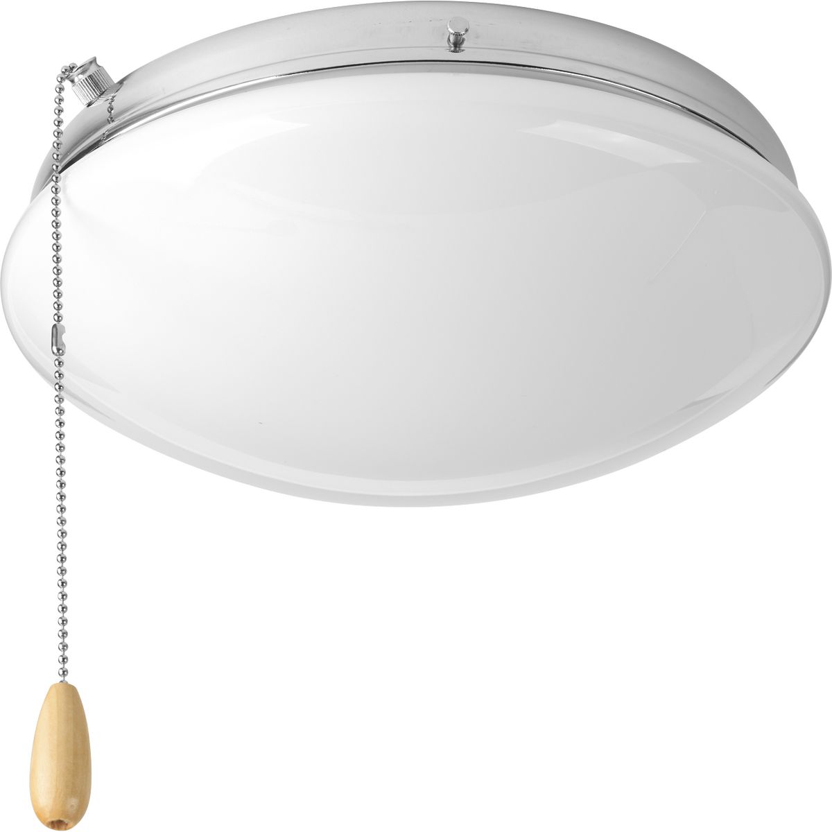 Two-light universal-style ceiling fan light kit features a low-profile, opal glass diffuser that's ideal for lighting in a bedroom. This fan light kit includes a threaded adapter for quick connection to most indoor ceiling fans that accept an accessory light. Includes two 3000K, 800 lumen each (source), Title 24 certified LED bulbs. Polished Chrome finish.