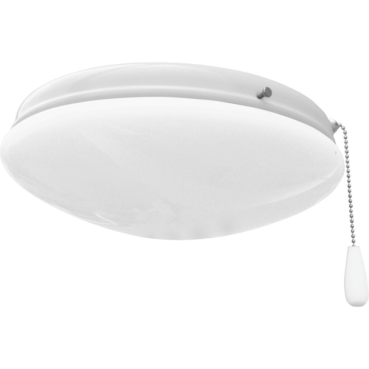 Two-light universal-style ceiling fan light kit features a low-profile, opal glass diffuser that's ideal for lighting in a bedroom. This fan light kit includes a threaded adapter for quick connection to most indoor ceiling fans that accept an accessory light. Includes two 3000K, 800 lumen each (source), Title 24 certified LED bulbs. White finish.