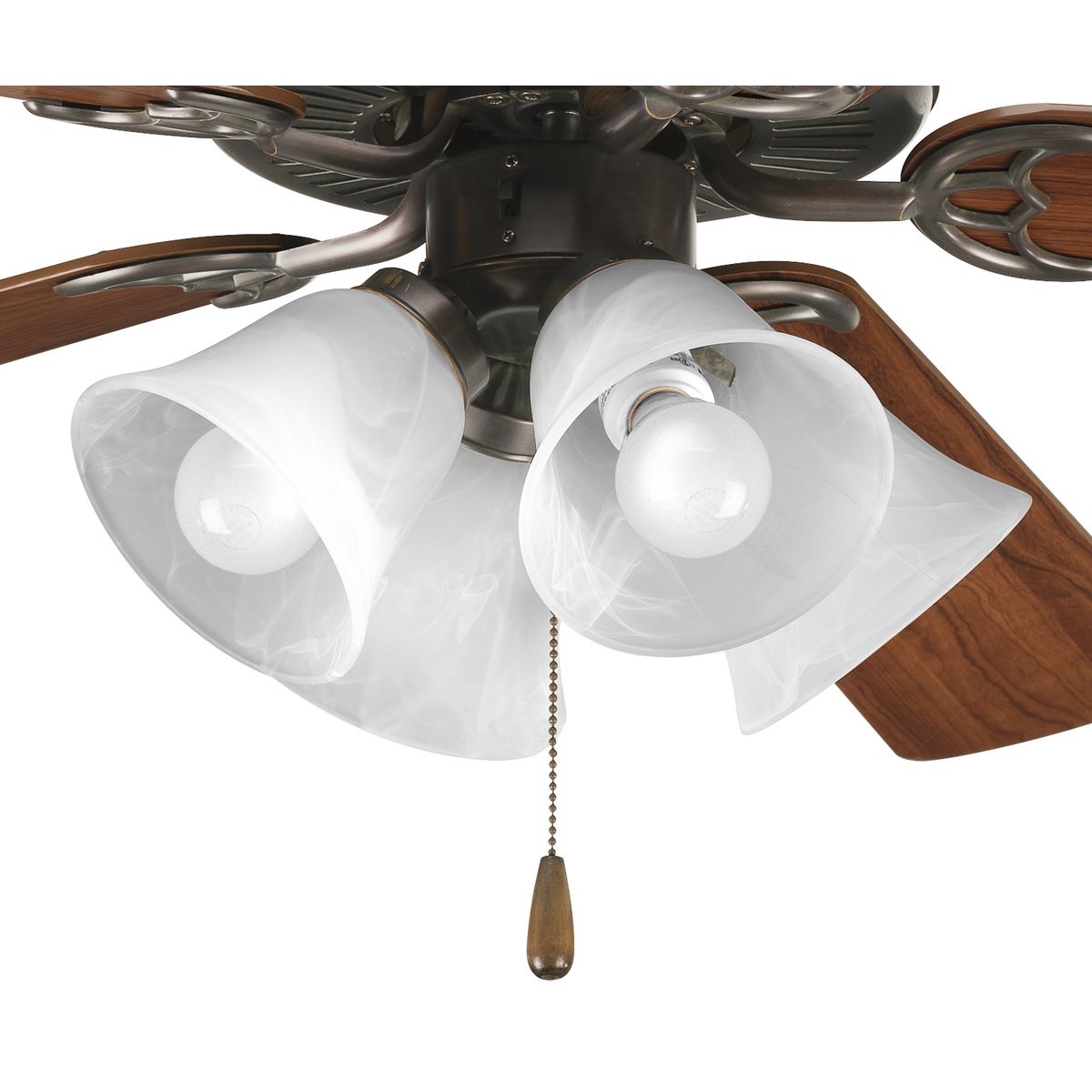 Four-light kit with white washed alabaster style glass shades beautiful in design. Innovative spring clip glass attachment system eliminates unsightly excess hardware. Good for use with P2500 and P2501 ceiling fans and includes quick connector for easy wiring. Includes four 3000K, 800 lumen each (source), Title 24 certified LED bulbs. Antique Bronze finish.