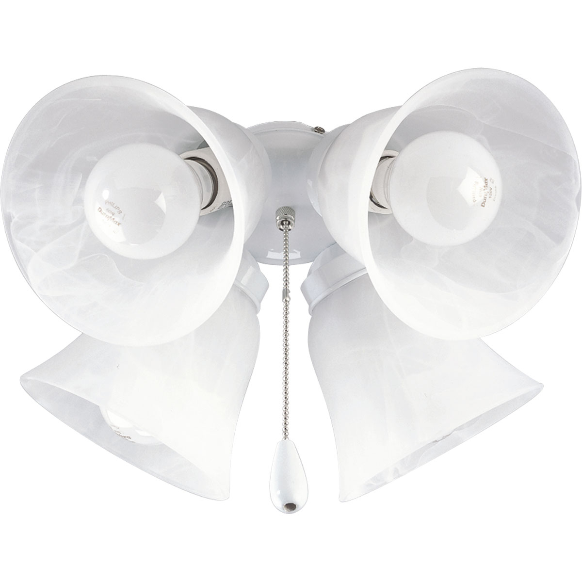 Four-light kit with white washed alabaster style glass shades beautiful in design. White finish corresponds with a Chrome pull-chain and white fob. Innovative spring clip glass attachment system eliminates unsightly excess hardware. Good for use with P2500 and P2501 ceiling fans and includes quick connector for easy wiring.