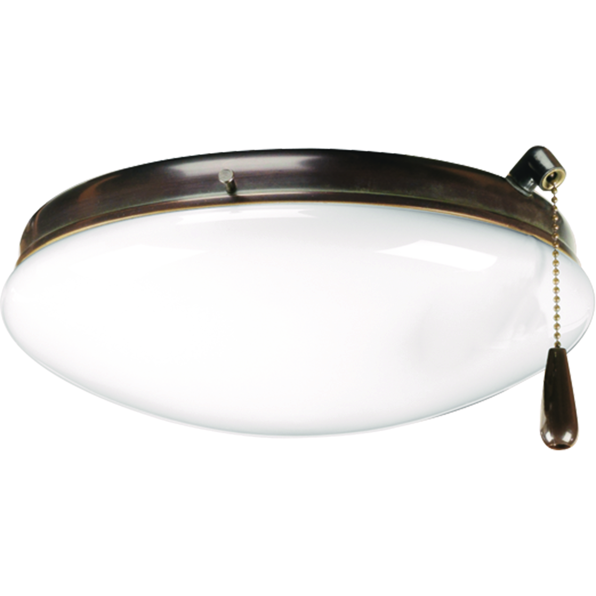 Two-light ceiling fan kit with low-profile white opal glass. For use with P2500, P2501 and P2502 ceiling fans and includes quick connector for easy wiring. Corresponding pull chain features Antique Brass finish with a black fob. Universal style for use with any indoor/outdoor fans that accept an accessory light. UL listed for wet locations.