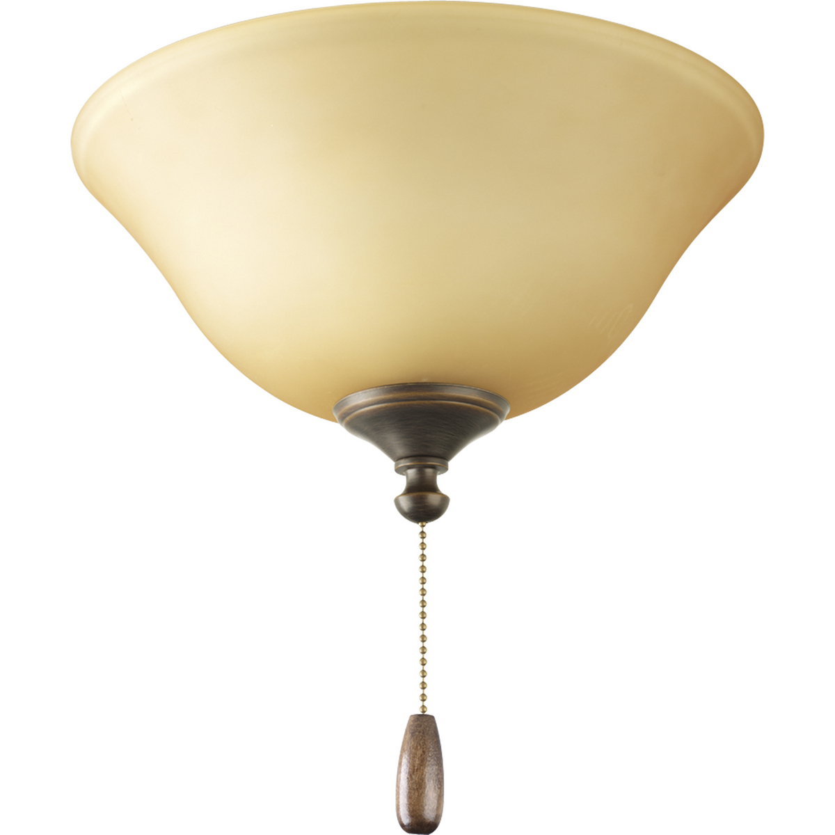 Antique Bronze three-light fan kit with etched Light Umber glass bowl. Elegant light umber glass conceals light bulbs and casts an inviting illumination in any size room. Corresponding pull chain features Antique Brass finish with a medium oak fob. Universal style lets you use with any indoor fan that accept an accessory light. Quick-connect wiring makes the installation process quick and easy.