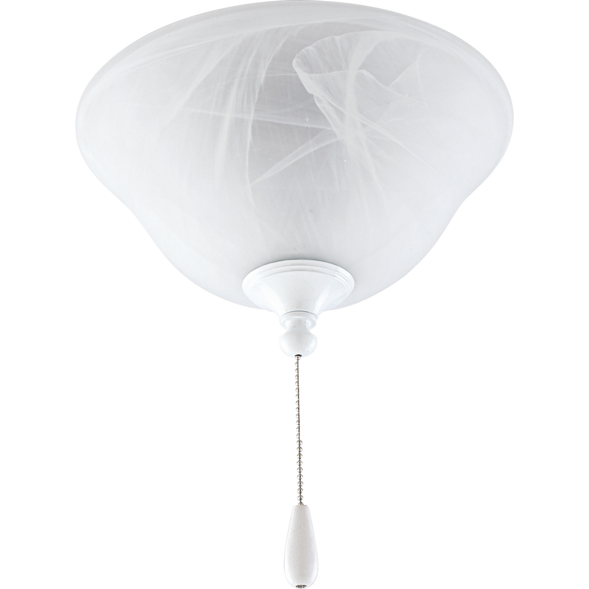White three-light fan kit with alabaster style glass bowl. Elegant alabaster glass conceals light bulbs and casts an inviting illumination in any size room. Corresponding pull chain features Chrome finish with a white fob. Universal style lets you use with any indoor fan that accept an accessory light. Quick-connect wiring makes the installation process quick and easy.