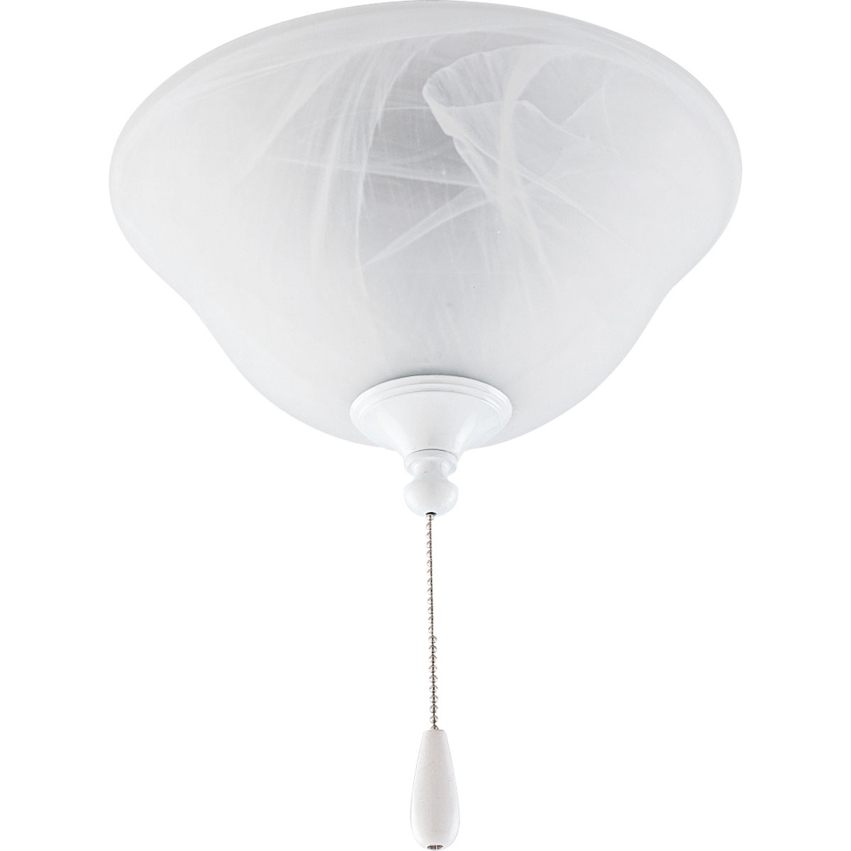 Elegant alabaster glass ceiling fan light conceals light bulbs and casts an inviting illumination in any size room. Energy saving compact fluorescent light source is a great benefit with this fixture. Corresponding pull chain features Chrome finish with a white fob. Universal style is good for fans that accept an accessory light. White finish.