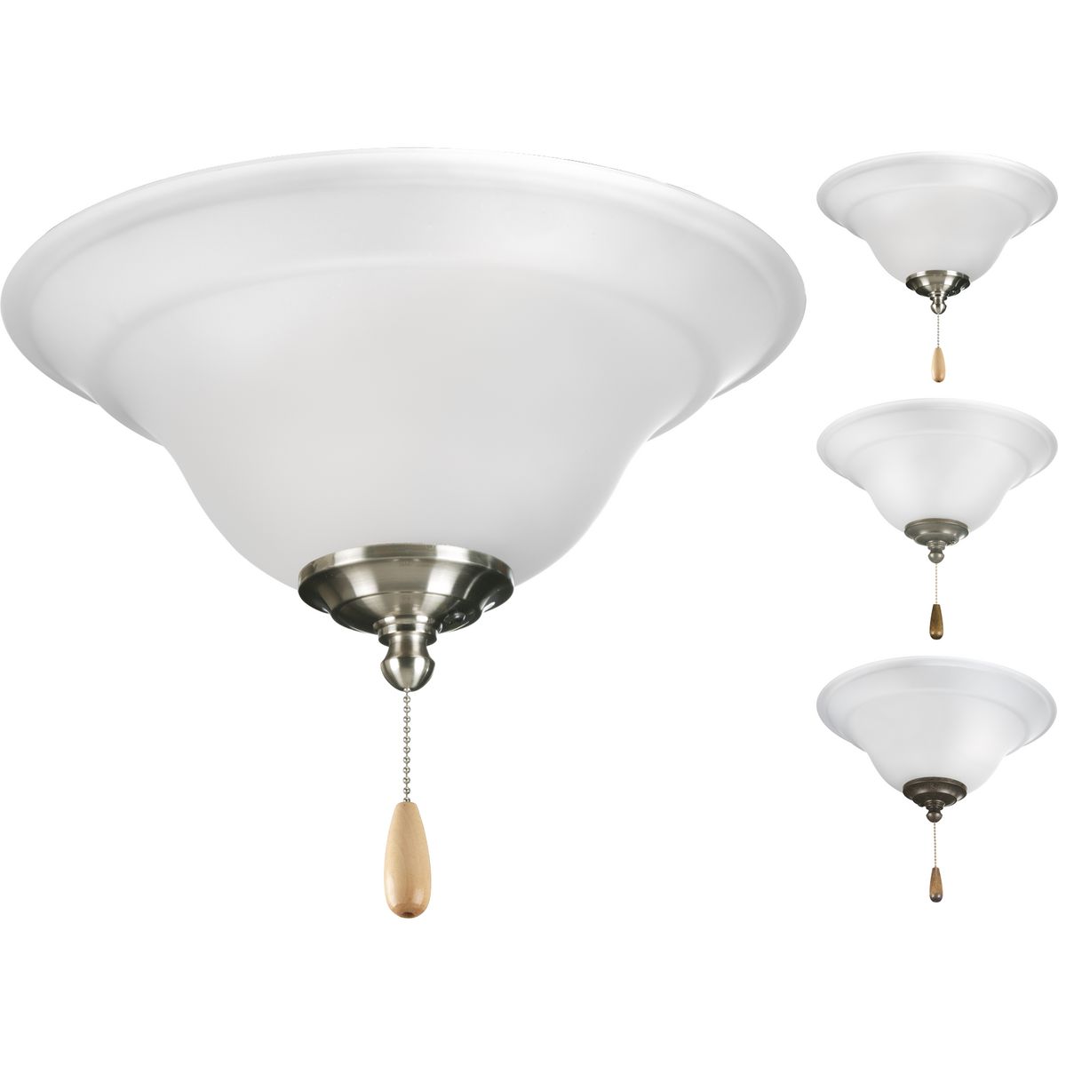Two-light fan kit with an etched glass bowl from the Trinity Collection. Finials included are -09 Brushed Nickel, -20 Antique Bronze, -30 White and -77 Forged Bronze that match a variety of Progress Lighting fans. Quick-connect wiring makes it easy t...