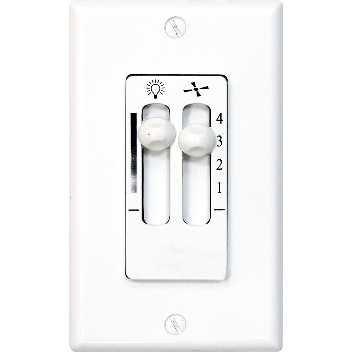 Four-speed, ceiling fan white wall control provides convenient operation for fans with pull-chain controls. Includes full-range lighting dimmer and switch plate cover. Requires two circuits - fits single gang wall box.