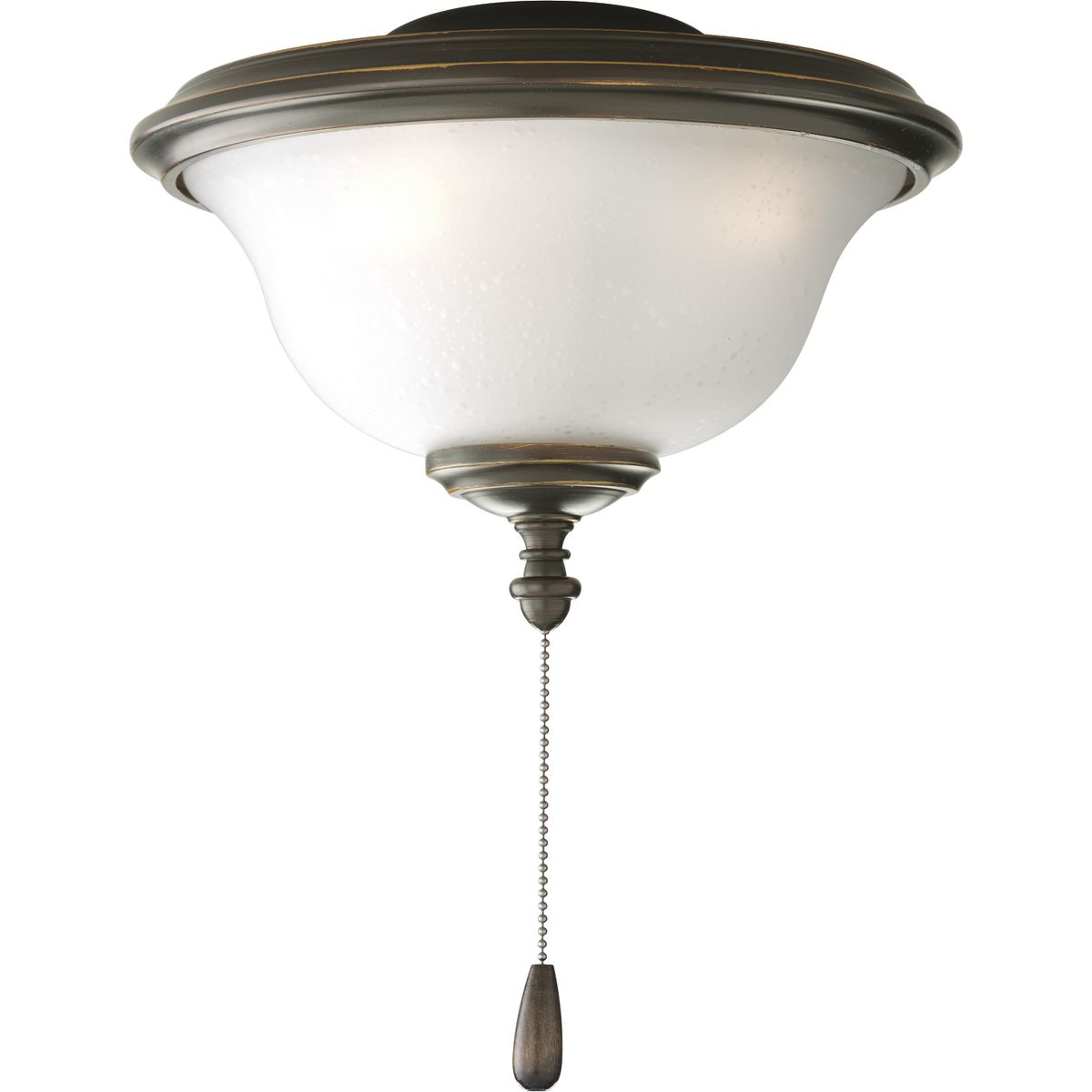 Two-light Indoor/Outdoor fan light kit with universal style. Classic old world styling, the Ashmore Collection features a seeded water glass diffuser to reduce glare and to minimize cleaning requirements. Antique Bronze finish corresponds with an Antique Brass pull chain and walnut fob. Quick connect wiring available with fans that accept an accessory light. Includes two 3000K, 800 lumen each (source), Title 24 certified LED bulbs.