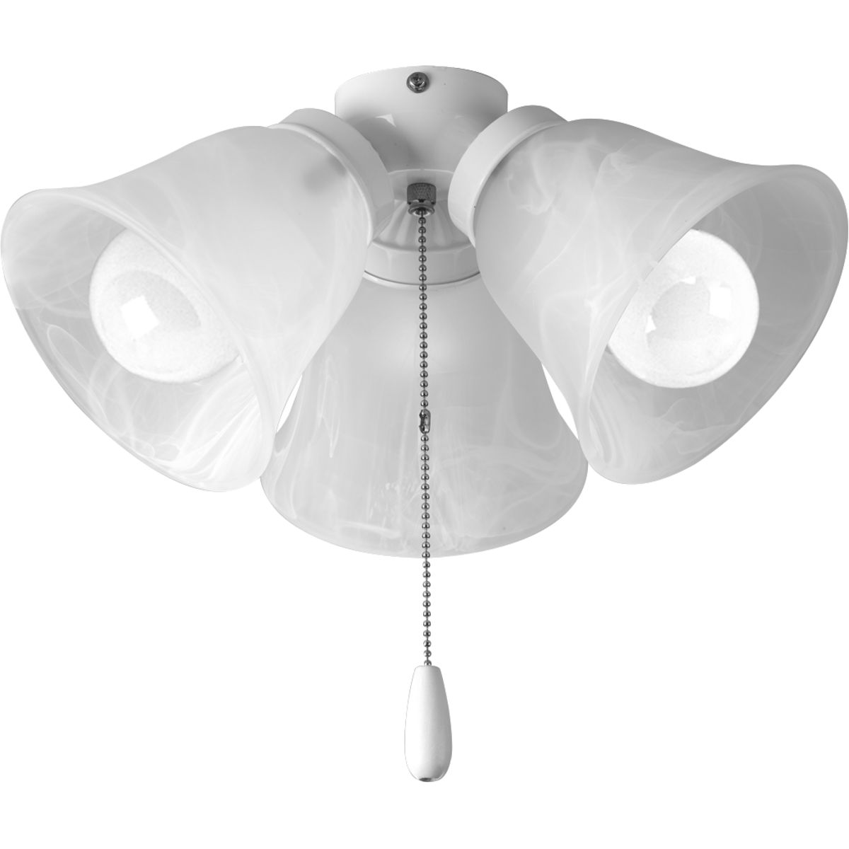 Three-light universal fan light kit features alabaster style glass shades beautiful in design. White finish corresponds with a Chrome pull-chain and white fob. Universal style for use with fans that accept an accessory light comes with quick-connect wiring. Includes three 3000K, 800 lumen each (source), Title 24 certified LED bulbs.