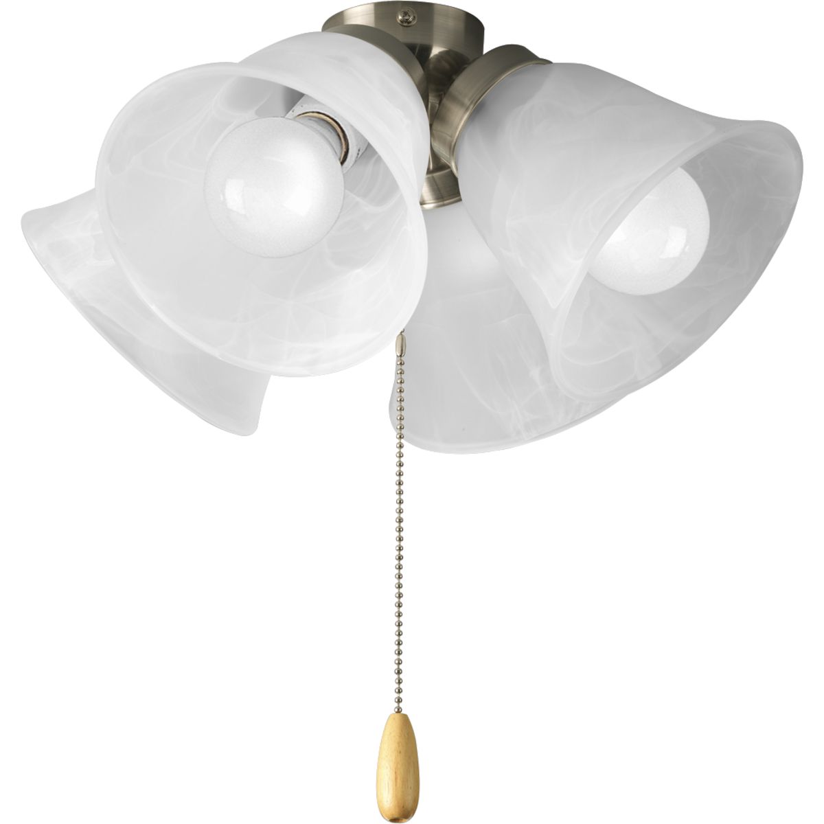 Four-light universal fan light kit features alabaster style glass shades beautiful in design. Brushed Nickel finish corresponds with a Chrome pull-chain and maple fob. Universal style for use with fans that accept an accessory light comes with quick-connect wiring. Includes four 3000K, 800 lumen each (source), Title 24 certified LED bulbs.