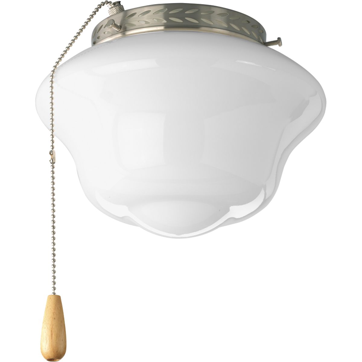 This light kit features a nostalgic schoolhouse, opal glass diffuser that's ideal for lighting in a bedroom. This fan light kit includes threaded adapter for connection to most ceiling fans that accept an accessory light. Convenient Chrome pull-chain operation with a matching maple fob. Includes one 3000K, 800 lumen each (source), Title 24 certified LED bulb.