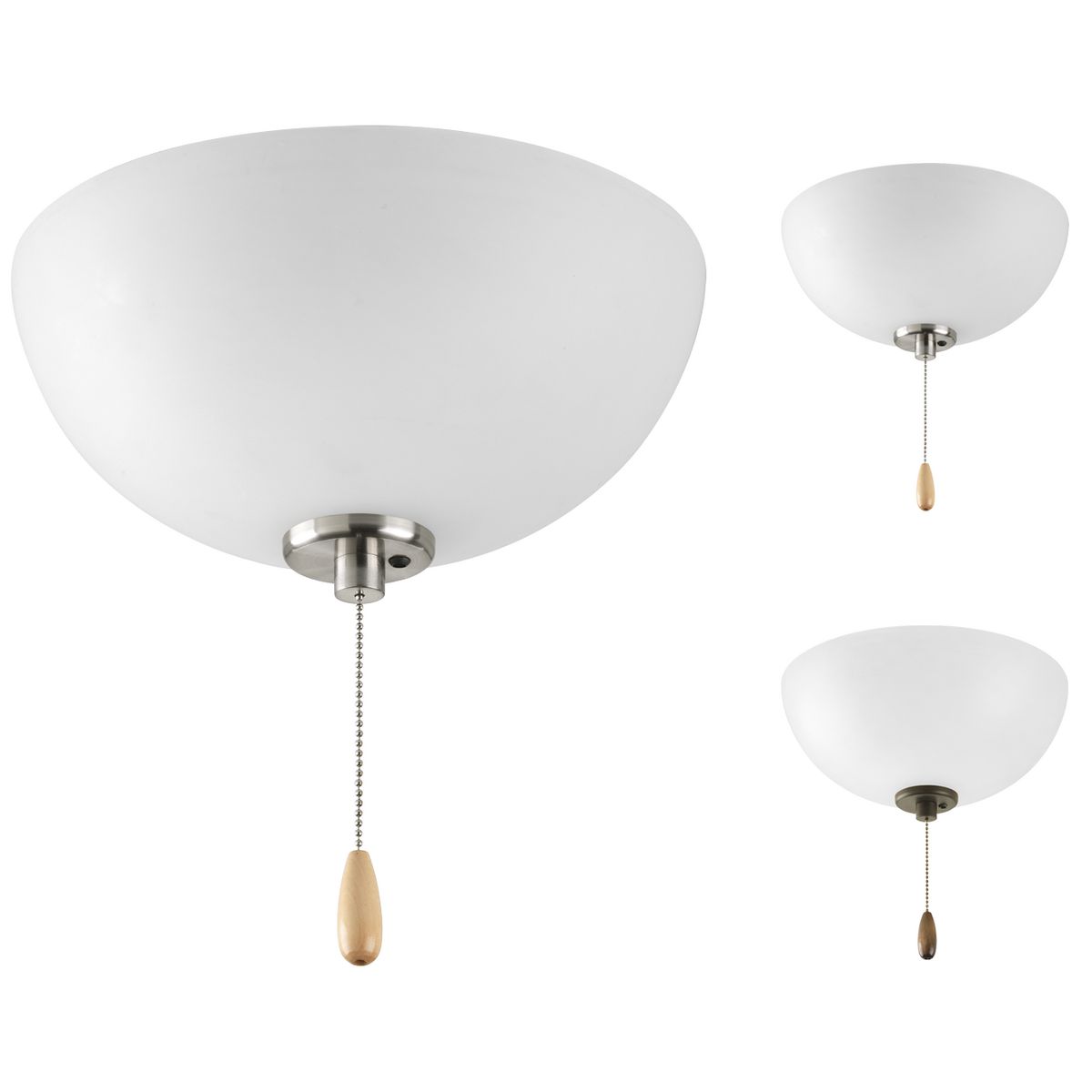 Two-light bowl fan kit with smooth white etched glass. Finials included are -09 Brushed Nickel and -20 Antique Bronze. Coordinates with Gather, Joy, Bravo and many other collections. Convenient universal styling on any Progress fan comes with quick-connect wiring. Includes two 3000K, 800 lumen each (source), Title 24 certified LED bulbs.