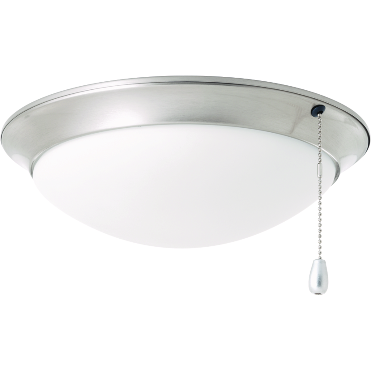 LED universal-style ceiling fan light kit features a low-profile, etched white glass diffuser that's ideal for lighting in a bedroom. This fan light kit includes a threaded adapter for quick connection to most indoor ceiling fans that accept an accessory light. Pull chain is Chrome with a silver fob and is plated in Brushed Nickel finish.