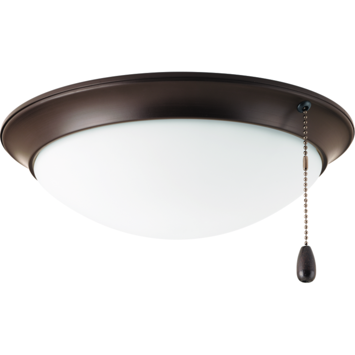 LED universal-style ceiling fan light kit features a low-profile, etched white glass diffuser that's ideal for lighting in a bedroom. This fan light kit includes a threaded adapter for quick connection to most indoor ceiling fans that accept an accessory light. Pull chain is Antique Bronze with a brown fob and is painted in Antique Bronze finish.