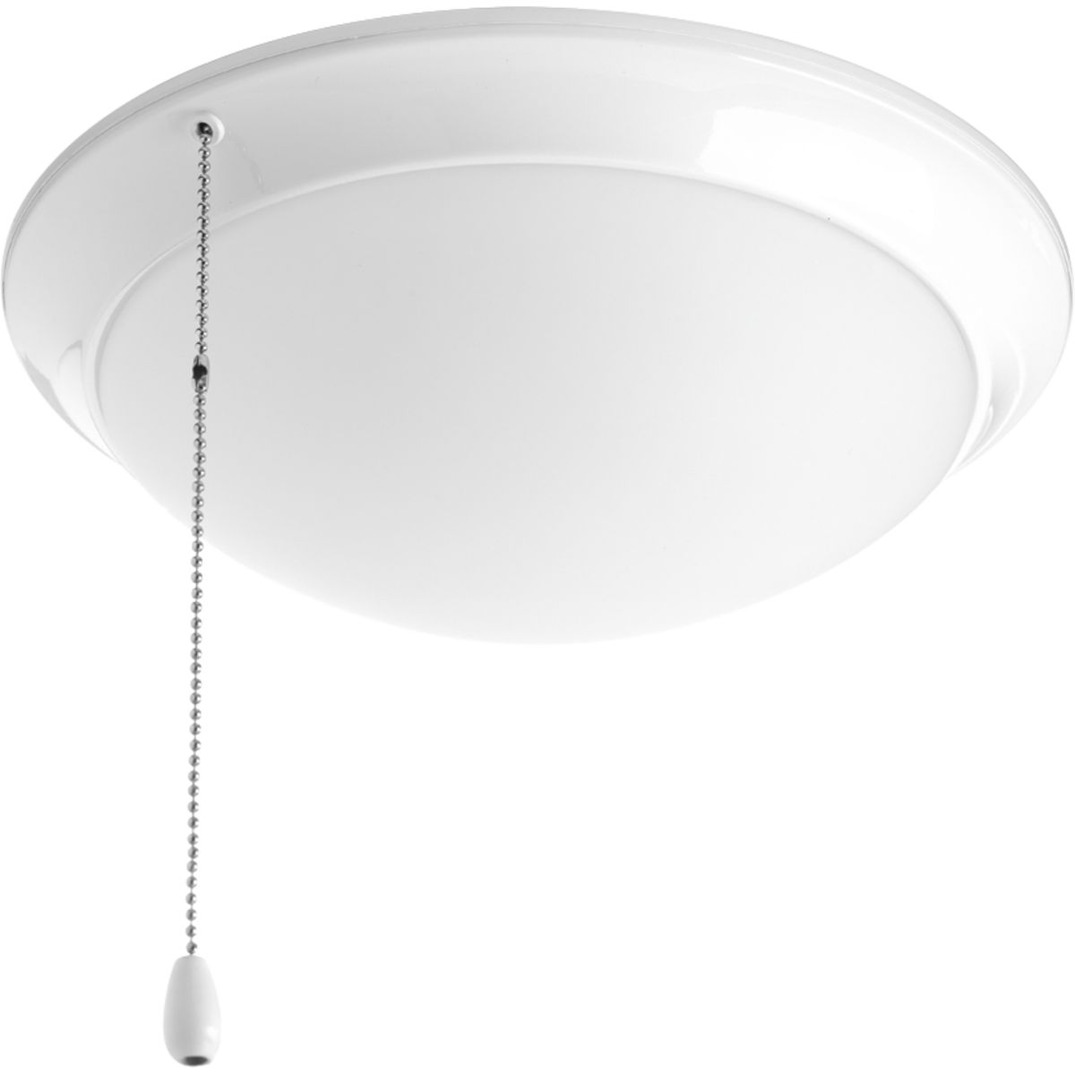 LED universal-style ceiling fan light kit features a low-profile, etched white glass diffuser that's ideal for lighting in a bedroom. 1265 source lumens, 960 lumens delivered. This fan light kit includes a threaded adapter for quick connection to most indoor ceiling fans that accept an accessory light. Pull chain is Chrome with a white fob.