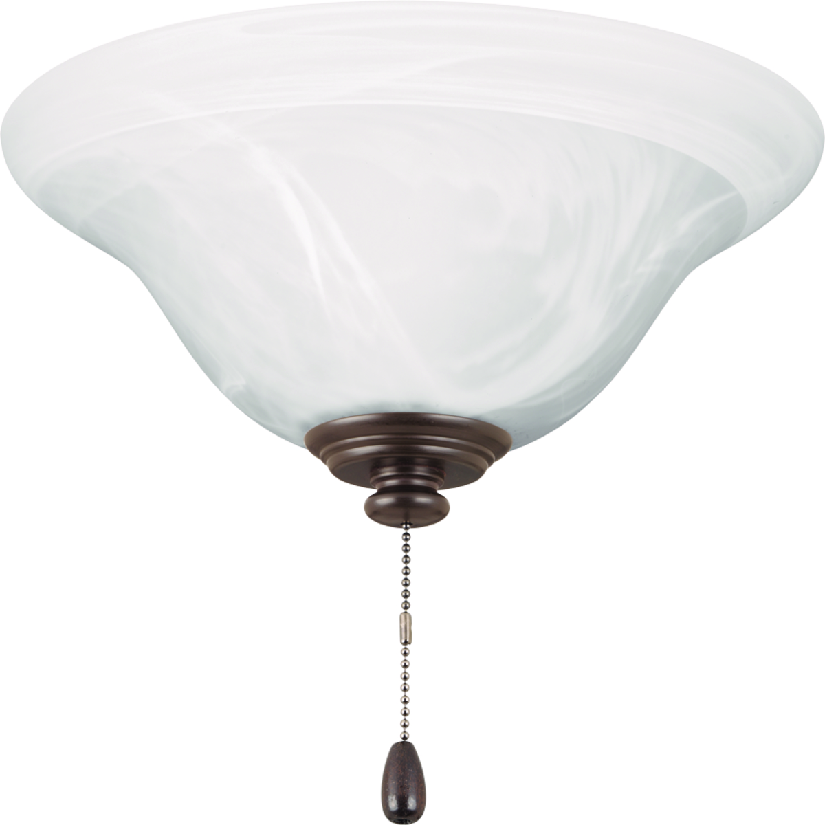 Antique Bronze LED fan kit with alabaster style glass bowl. Corresponding pull chain features Antique Brass finish with a brown fob. Universal style lets you use with any indoor fan that accept an accessory light. Quick-connect wiring makes the installation process quick and easy.